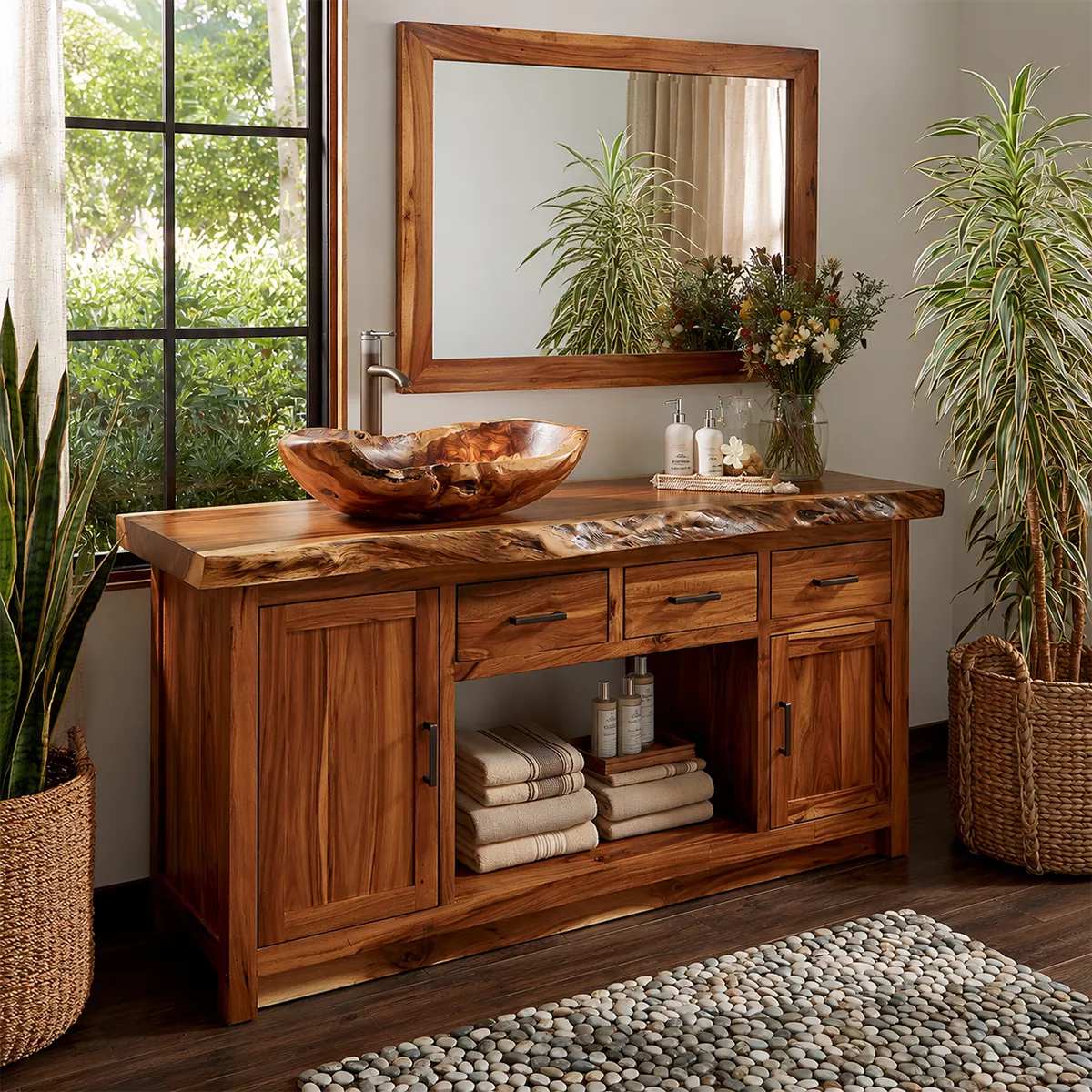 Natural Solid Wood Bathroom Vanity with Three Drawers Traditional - Rustiracraft - 7