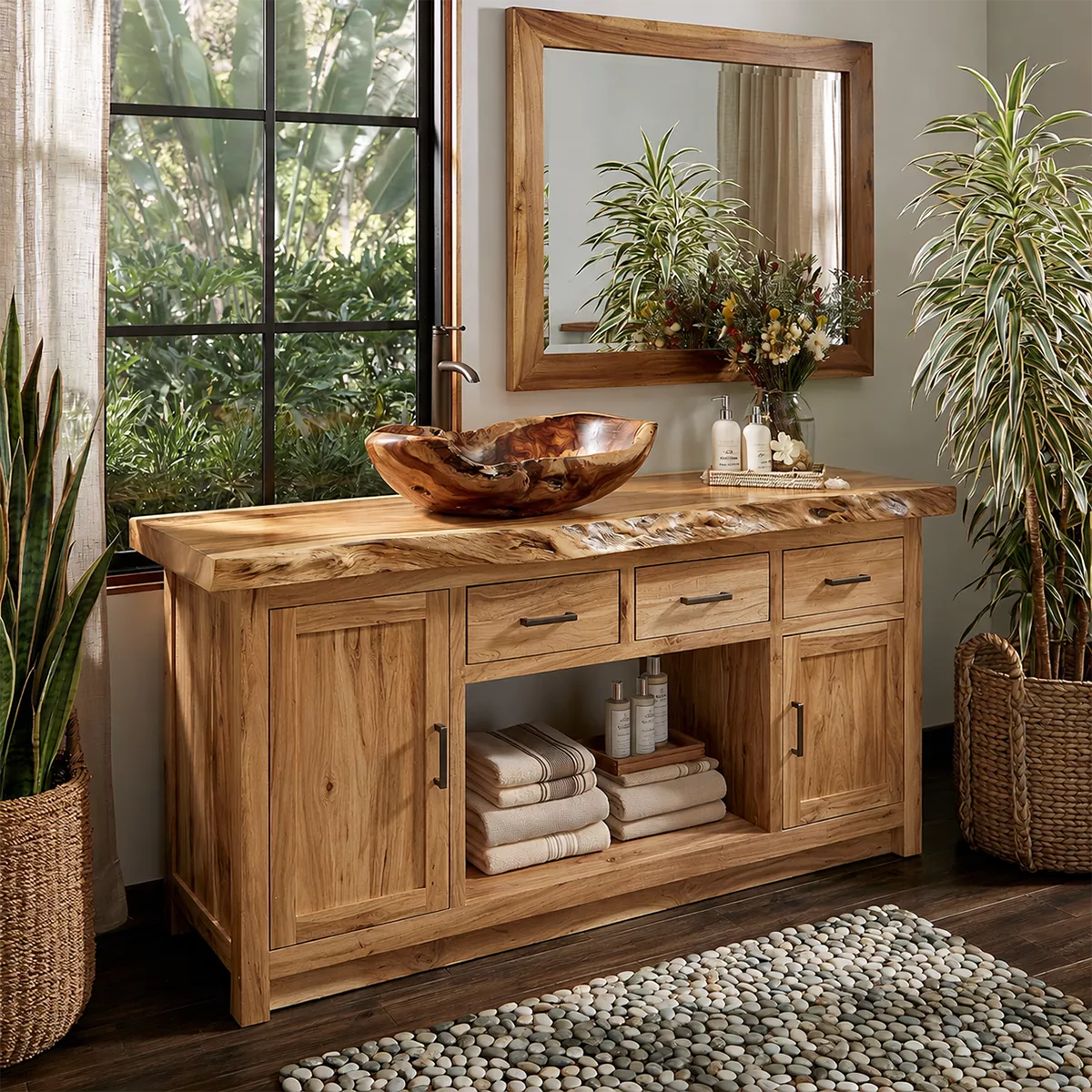 Natural Solid Wood Bathroom Vanity with Three Drawers Traditional - Rustiracraft - 9