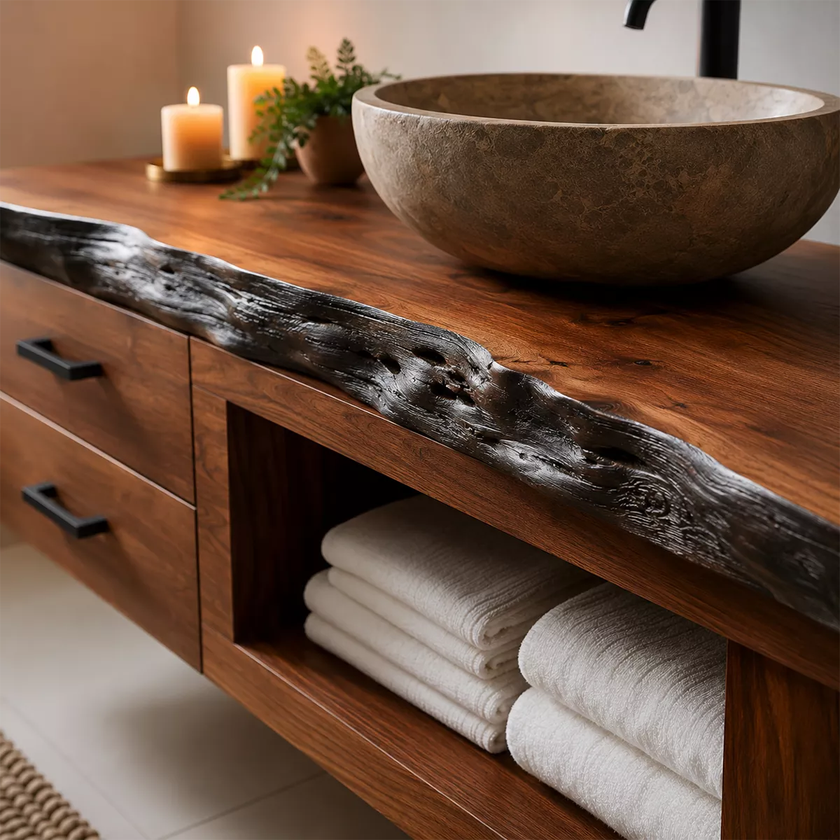 Natural Solid Wood Bathroom Vanity with Two Drawers Open Shelf Traditional - Rustiracraft - 1
