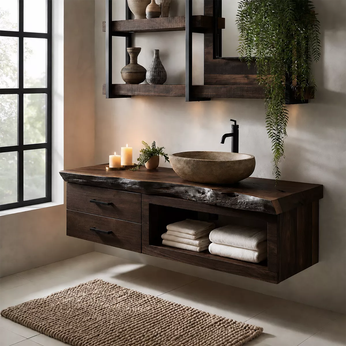 Natural Solid Wood Bathroom Vanity with Two Drawers Open Shelf Traditional - Rustiracraft - 10