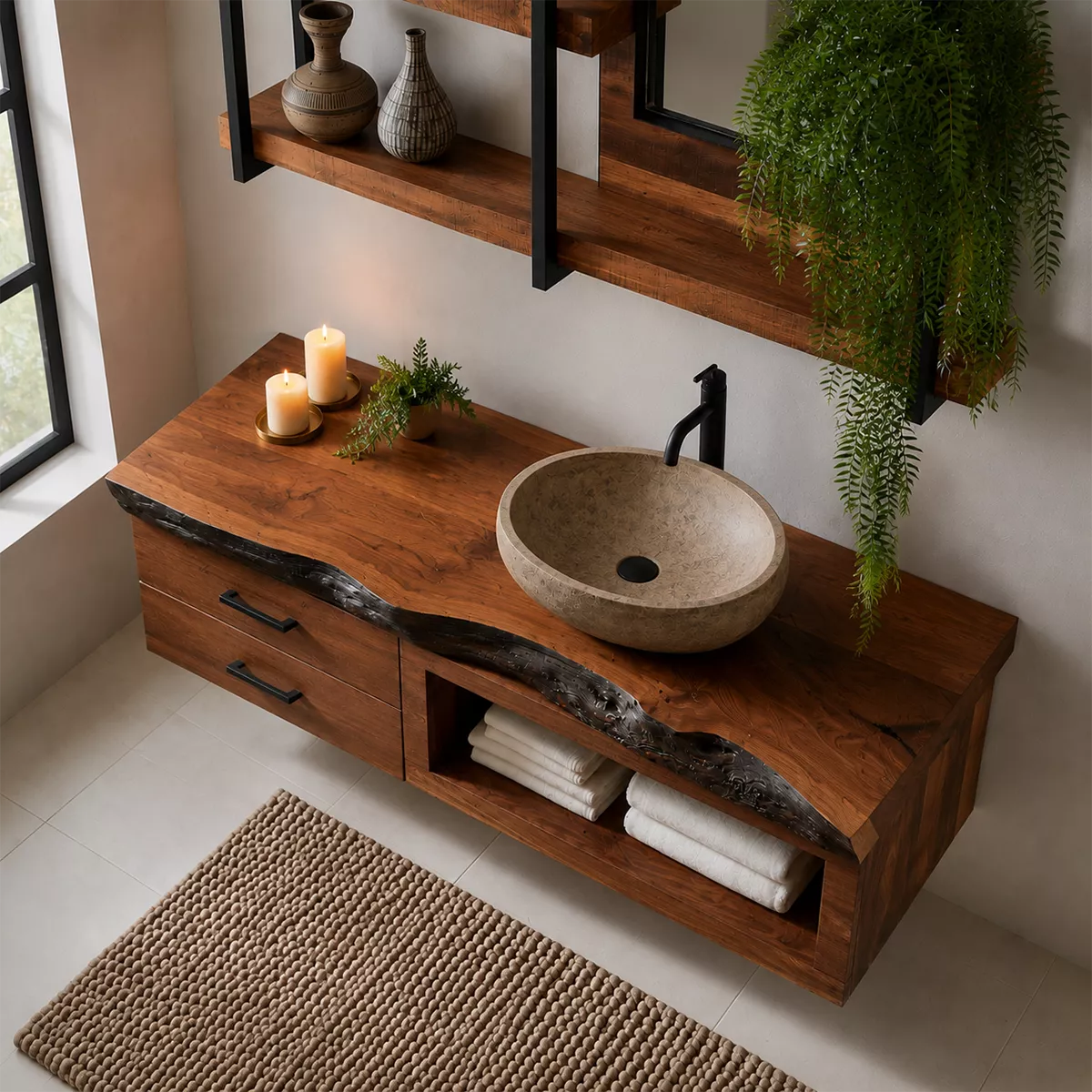 Natural Solid Wood Bathroom Vanity with Two Drawers Open Shelf Traditional - Rustiracraft - 2