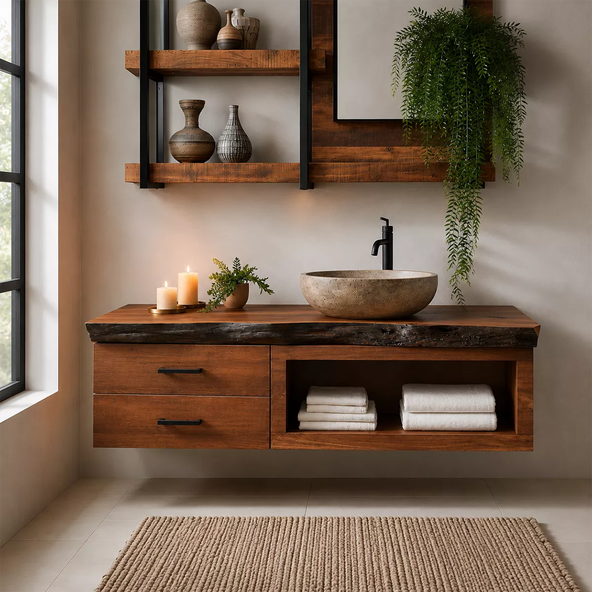 Natural Solid Wood Bathroom Vanity with Two Drawers Open Shelf Traditional - Rustiracraft - 3