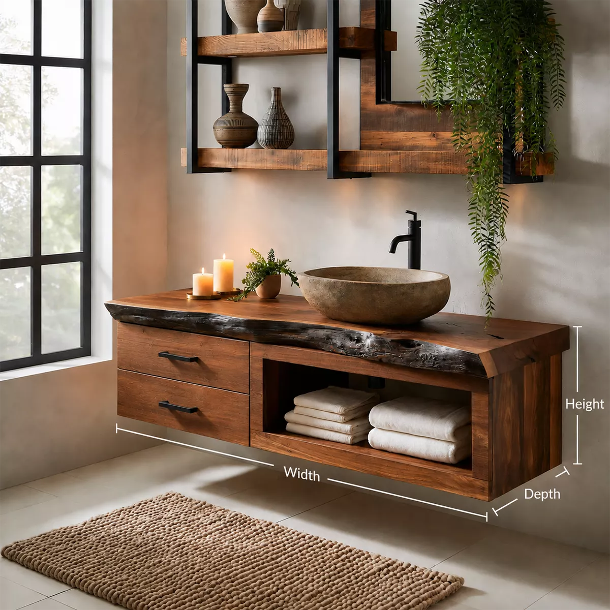 Natural Solid Wood Bathroom Vanity with Two Drawers Open Shelf Traditional - Rustiracraft - 5