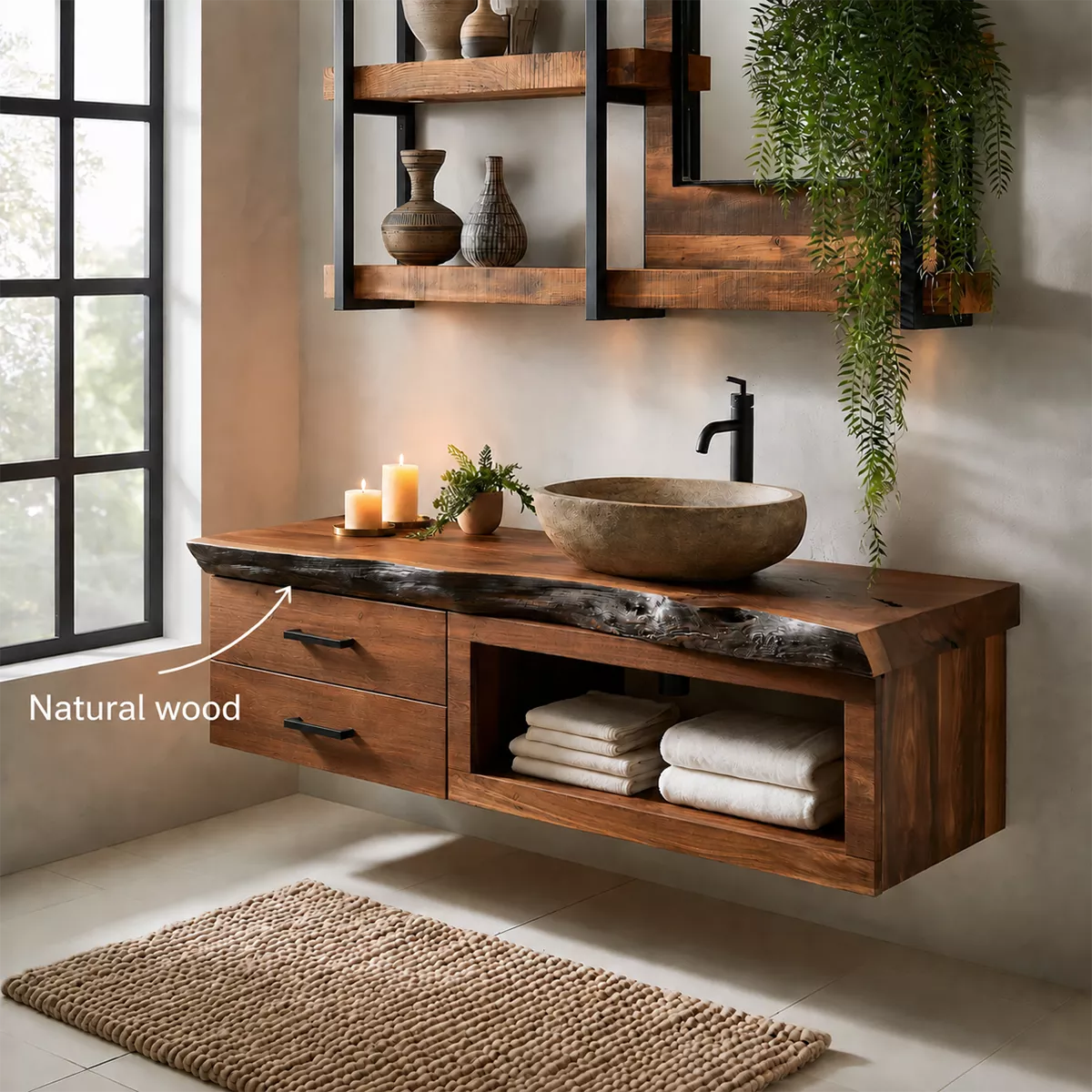 Natural Solid Wood Bathroom Vanity with Two Drawers Open Shelf Traditional - Rustiracraft - 6