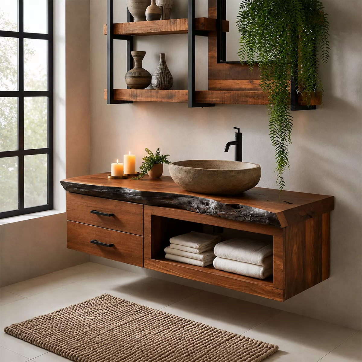 Natural Solid Wood Bathroom Vanity with Two Drawers Open Shelf Traditional - Rustiracraft - 7