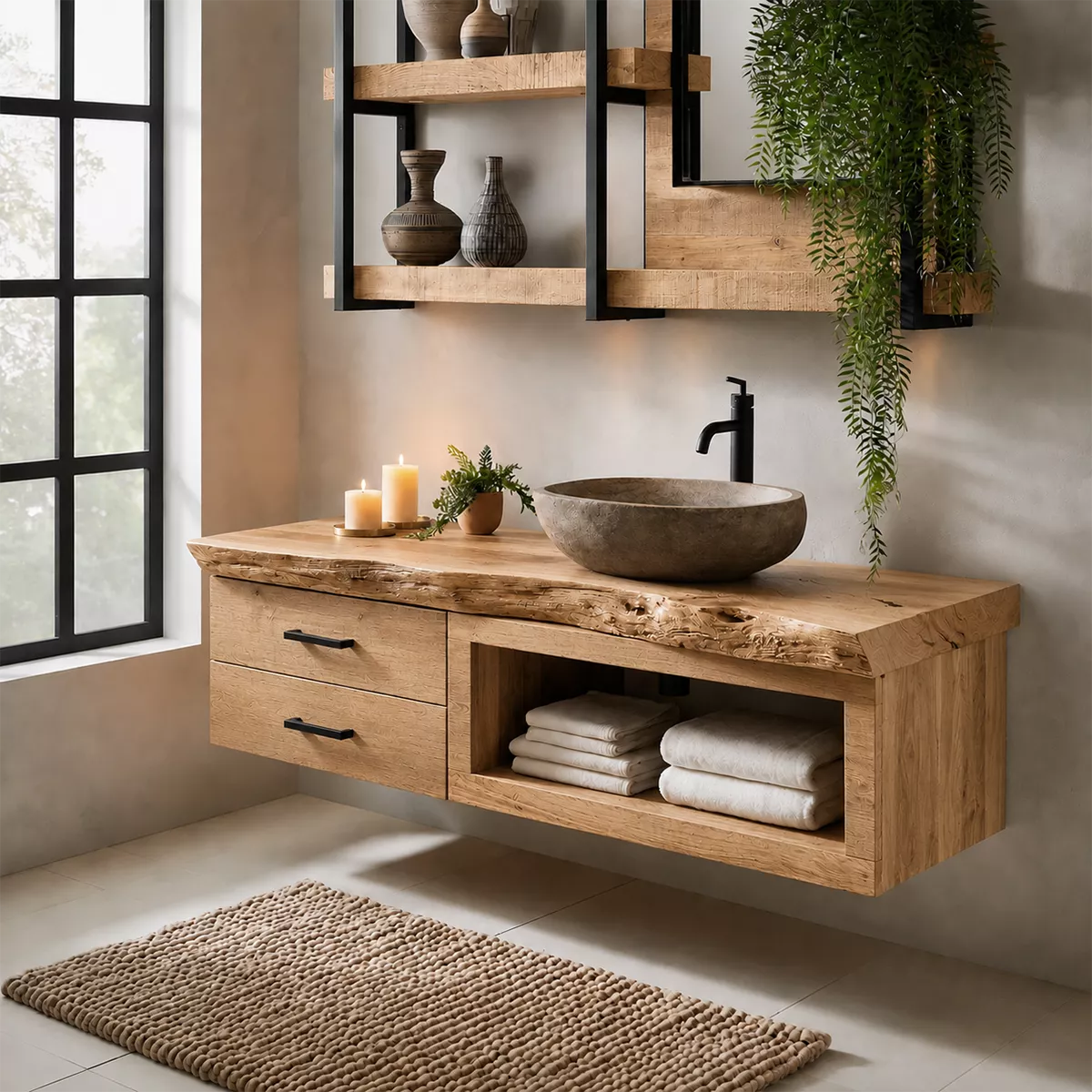 Natural Solid Wood Bathroom Vanity with Two Drawers Open Shelf Traditional - Rustiracraft - 9