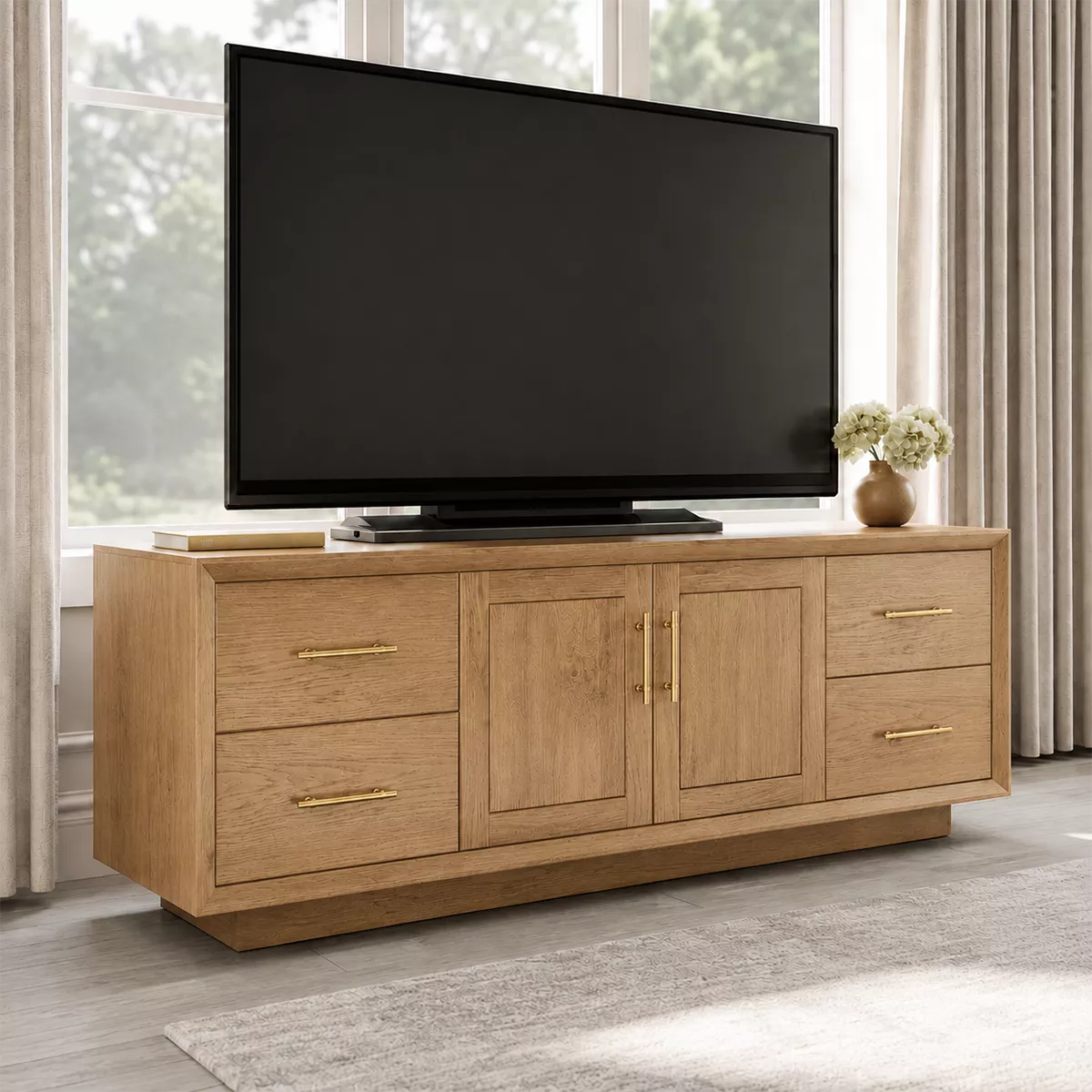 Natural Solid Wood TV Stand with Four Drawers Cabinet Doors Japandi - Rustiracraft - 10