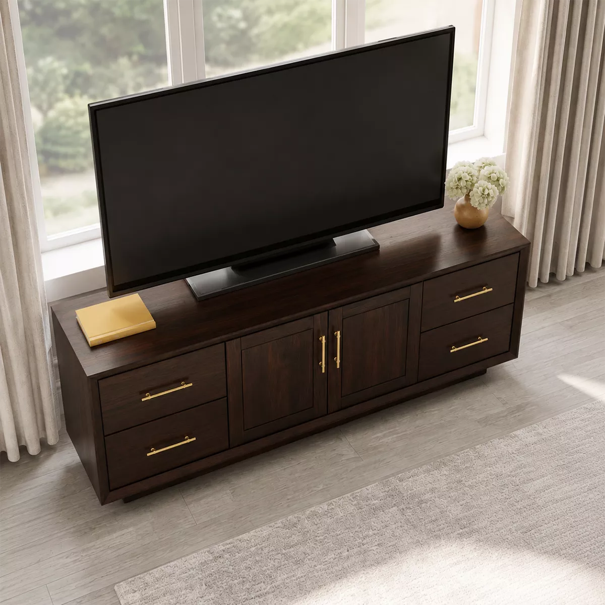 Natural Solid Wood TV Stand with Four Drawers Cabinet Doors Japandi - Rustiracraft - 2