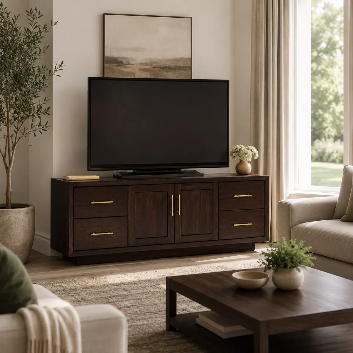 Natural Solid Wood TV Stand with Four Drawers Cabinet Doors Japandi - Rustiracraft - 3