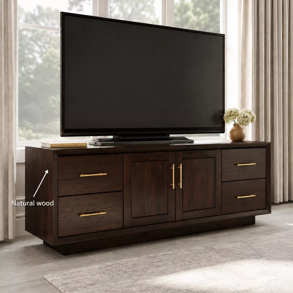 Natural Solid Wood TV Stand with Four Drawers Cabinet Doors Japandi - Rustiracraft - 5