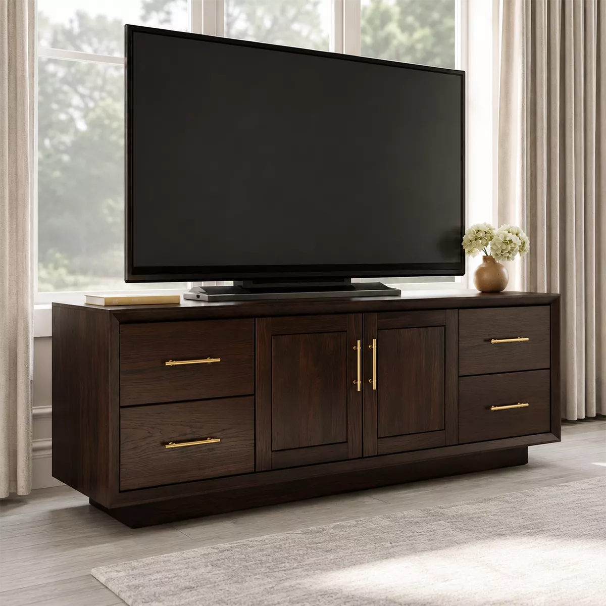Natural Solid Wood TV Stand with Four Drawers Cabinet Doors Japandi - Rustiracraft - 7