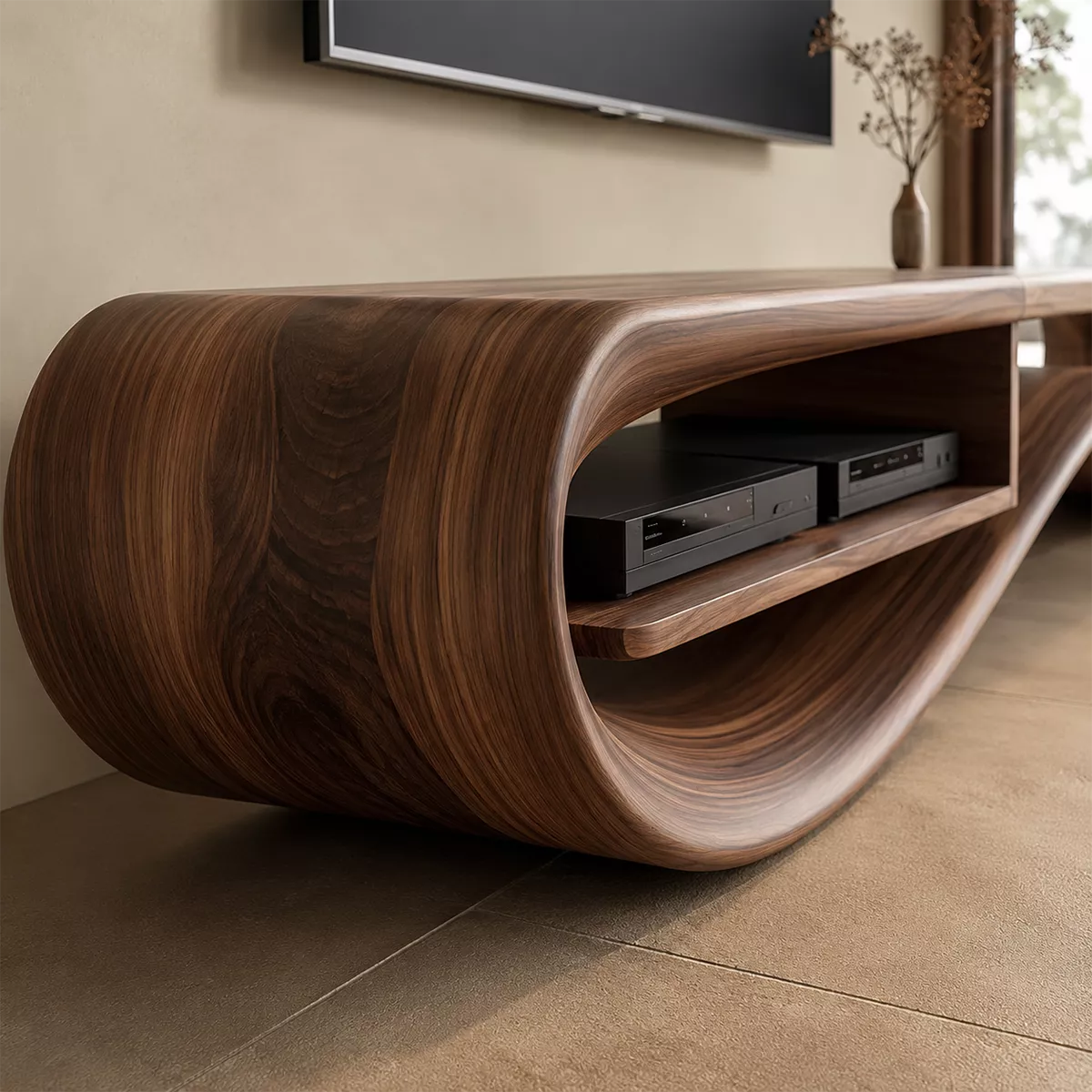 Natural Solid Wood TV Stand with Sculptural Curved Base Minimalist - Rustiracraft - 1