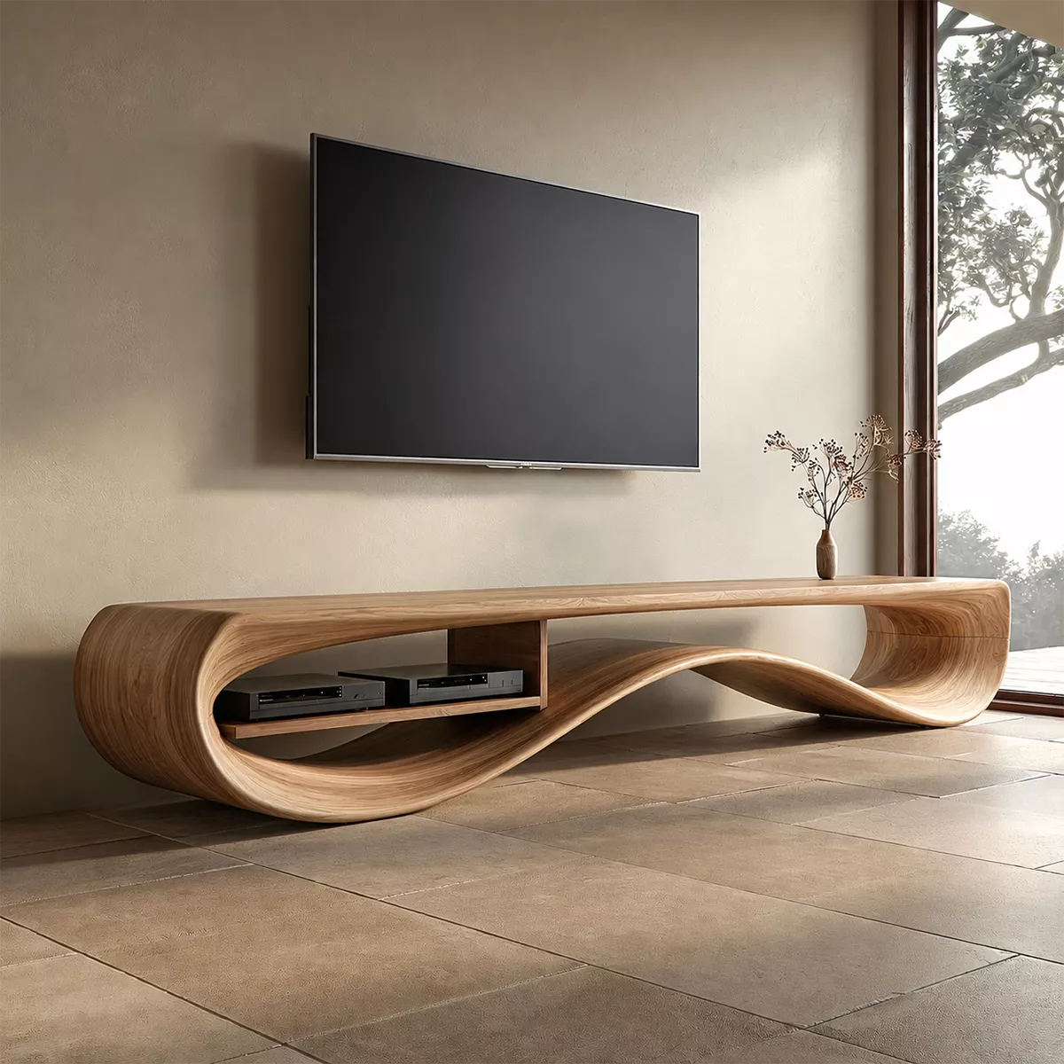 Natural Solid Wood TV Stand with Sculptural Curved Base Minimalist - Rustiracraft - 10
