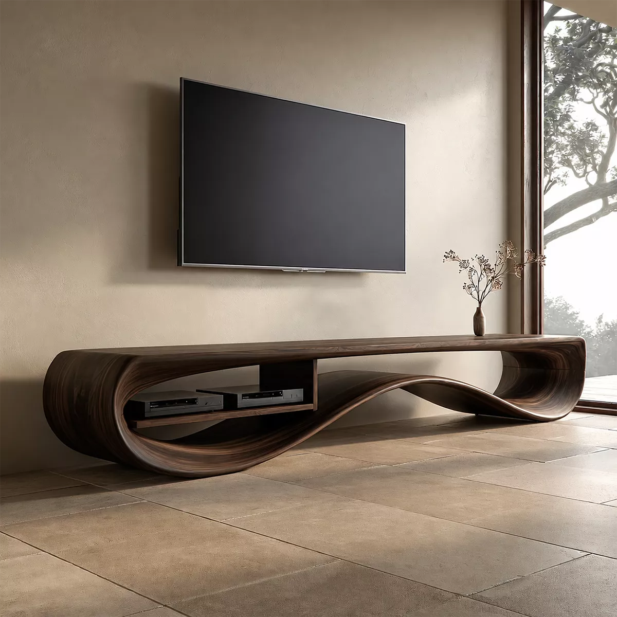 Natural Solid Wood TV Stand with Sculptural Curved Base Minimalist - Rustiracraft - 11