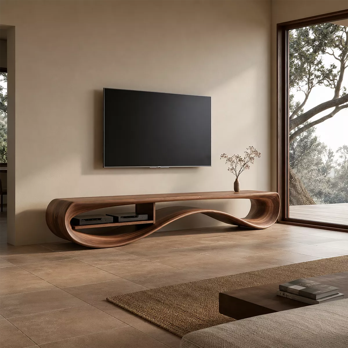 Natural Solid Wood TV Stand with Sculptural Curved Base Minimalist - Rustiracraft - 4