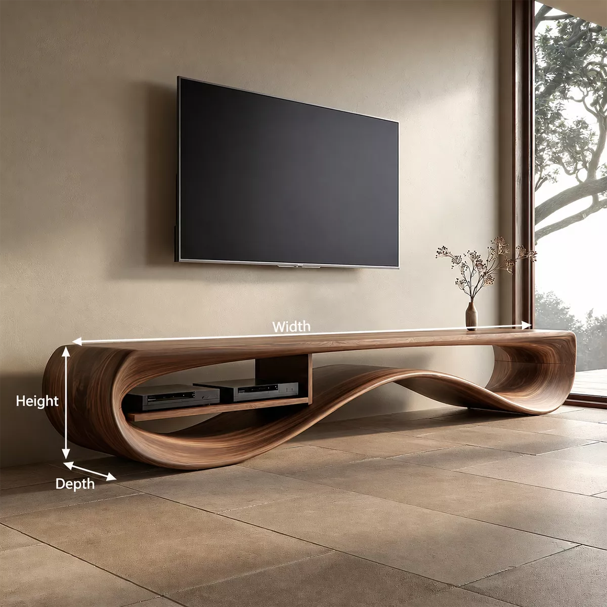 Natural Solid Wood TV Stand with Sculptural Curved Base Minimalist - Rustiracraft - 5