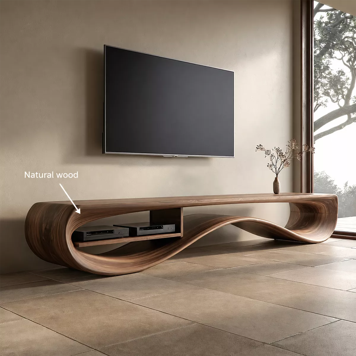 Natural Solid Wood TV Stand with Sculptural Curved Base Minimalist - Rustiracraft - 6