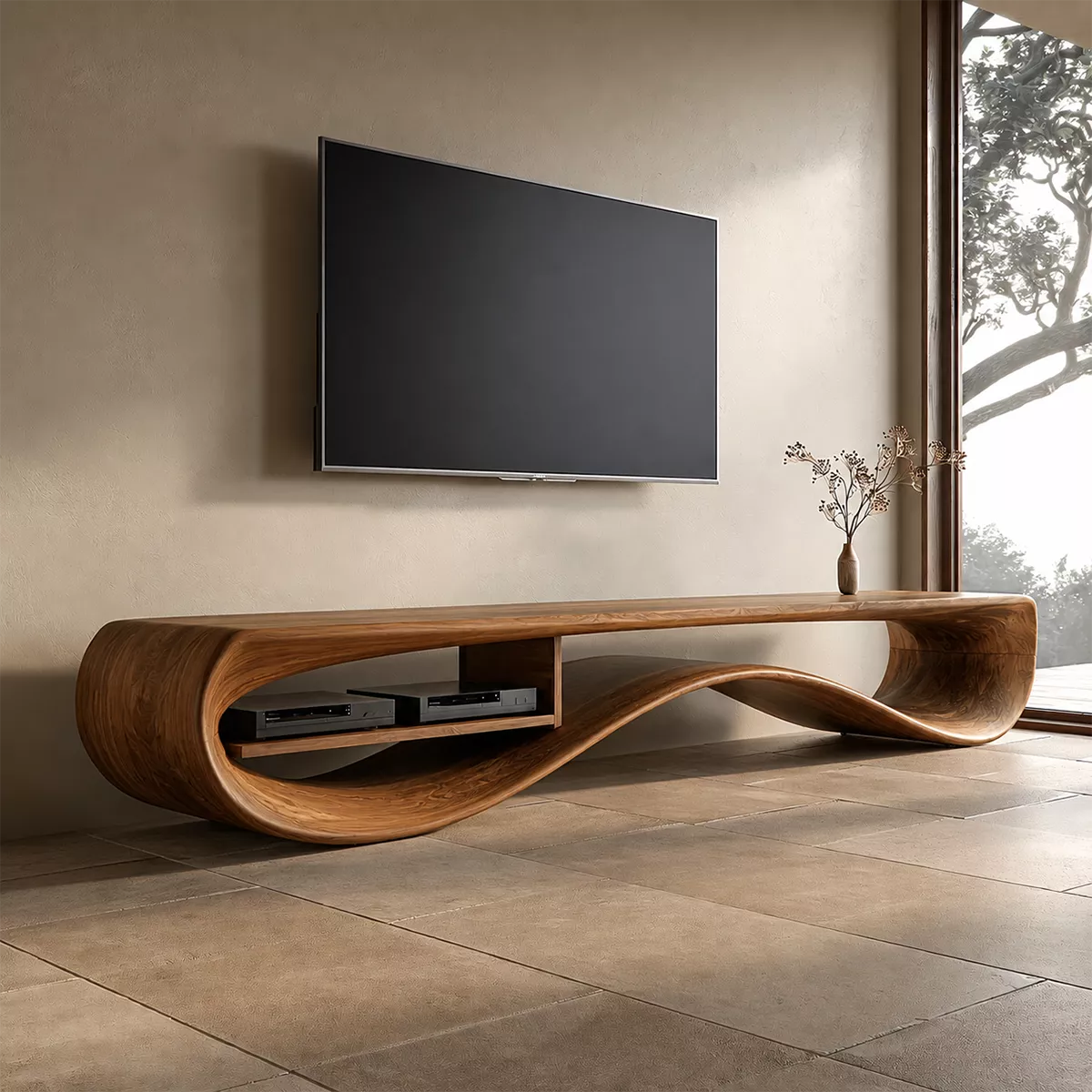 Natural Solid Wood TV Stand with Sculptural Curved Base Minimalist - Rustiracraft - 7