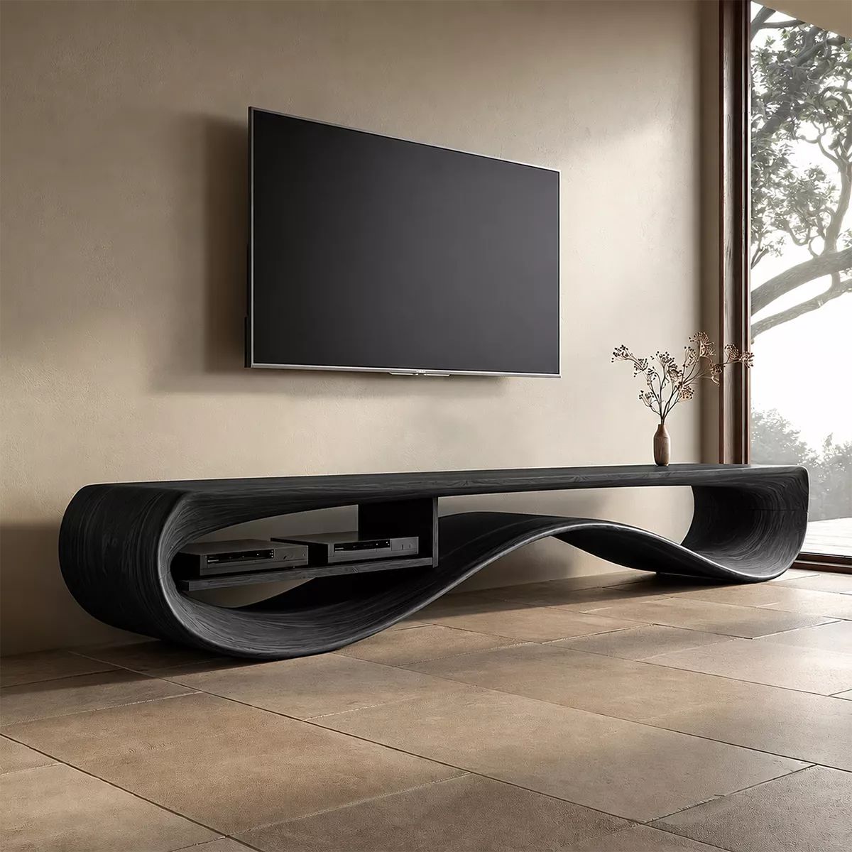 Natural Solid Wood TV Stand with Sculptural Curved Base Minimalist - Rustiracraft - 9