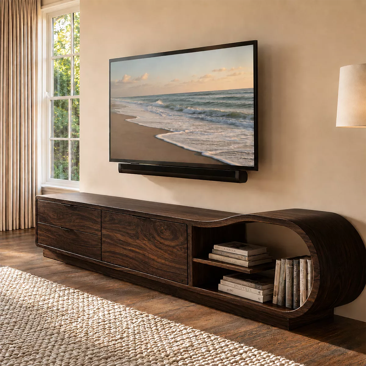 Natural Solid Wood TV Stand with Sculptural Rounded Nook Japandi Style - Rustiracraft - 10