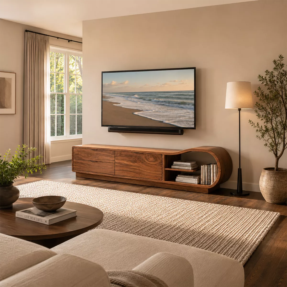 Natural Solid Wood TV Stand with Sculptural Rounded Nook Japandi Style - Rustiracraft - 3