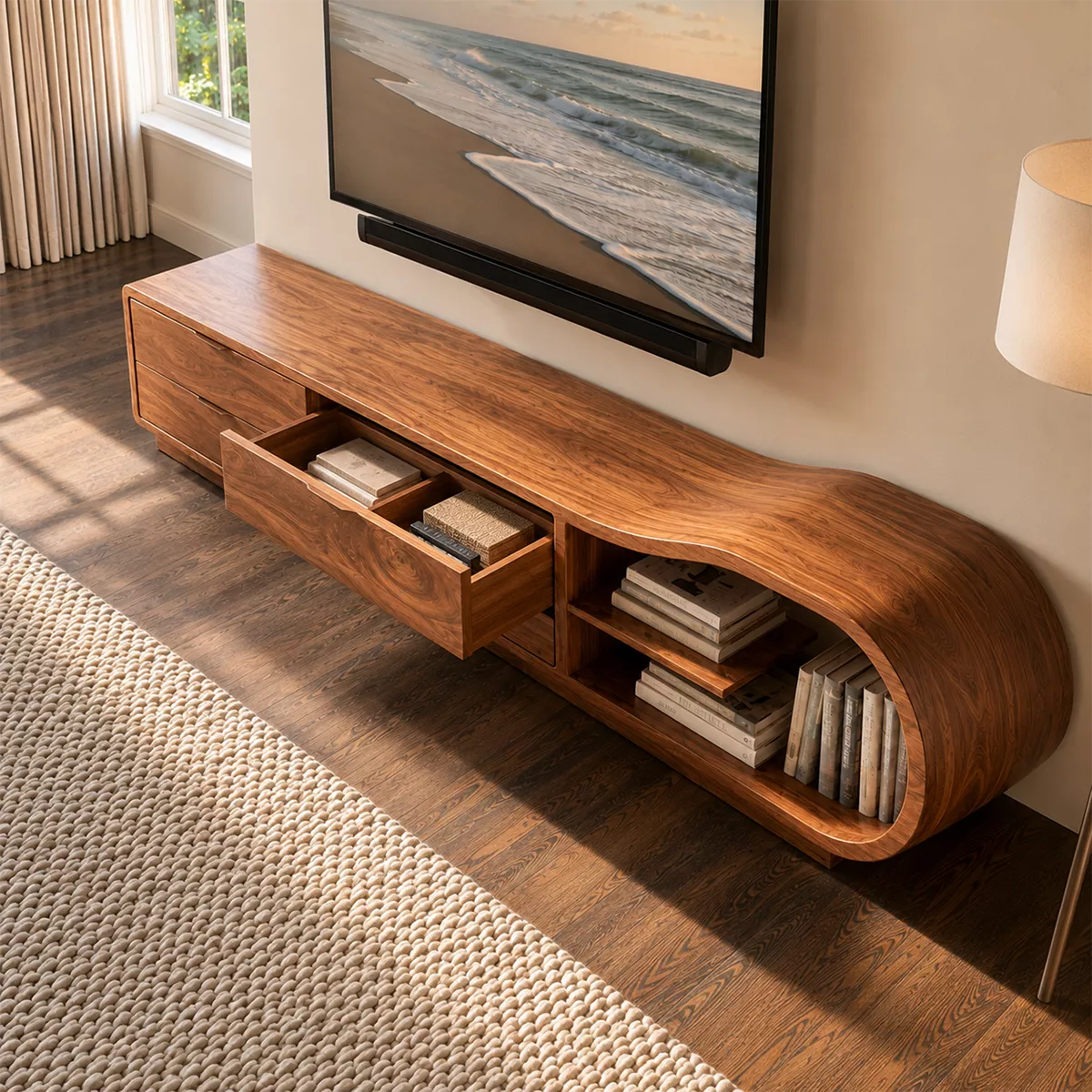 Natural Solid Wood TV Stand with Sculptural Rounded Nook Japandi Style - Rustiracraft - 4