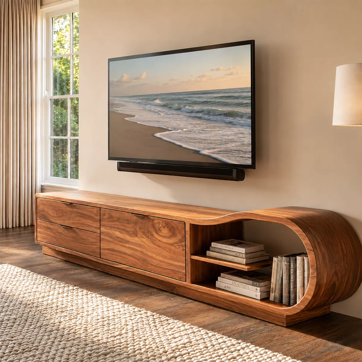 Natural Solid Wood TV Stand with Sculptural Rounded Nook Japandi Style - Rustiracraft - 7