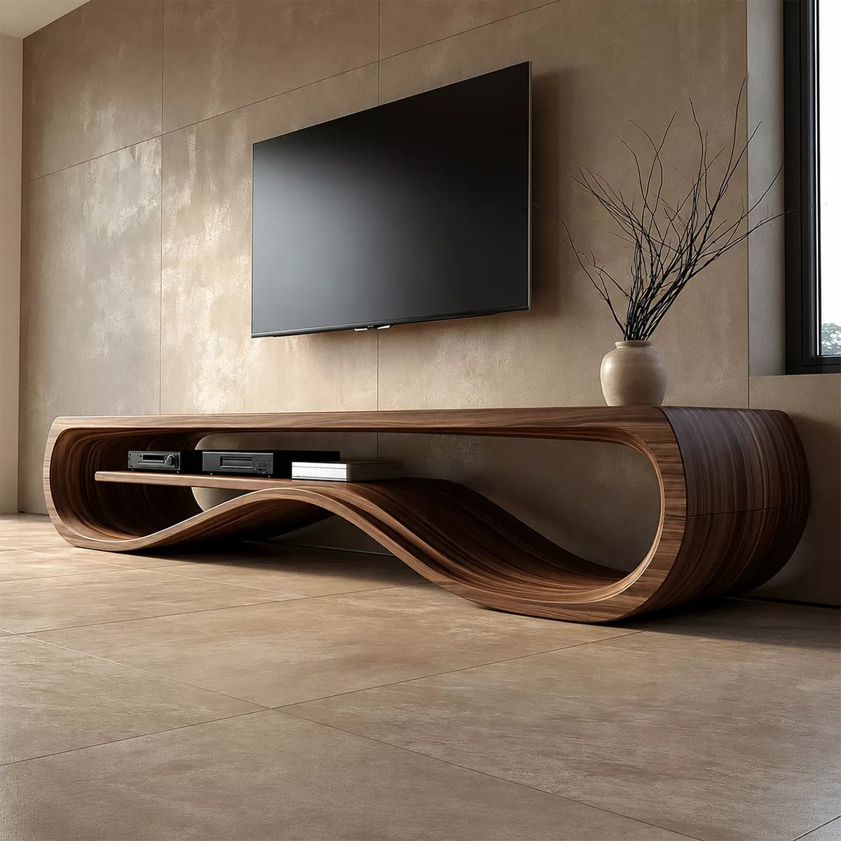 Natural Solid Wood TV Stand with Sculptural Wave Form Minimalist Design - Rustiracraft - 2