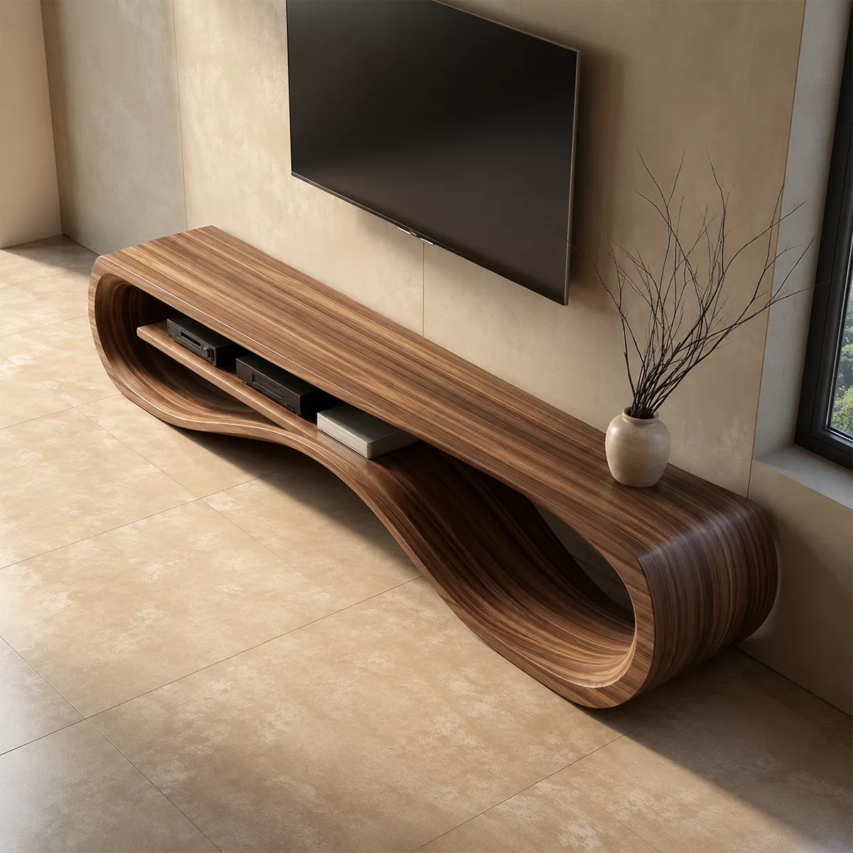 Natural Solid Wood TV Stand with Sculptural Wave Form Minimalist Design - Rustiracraft - 3