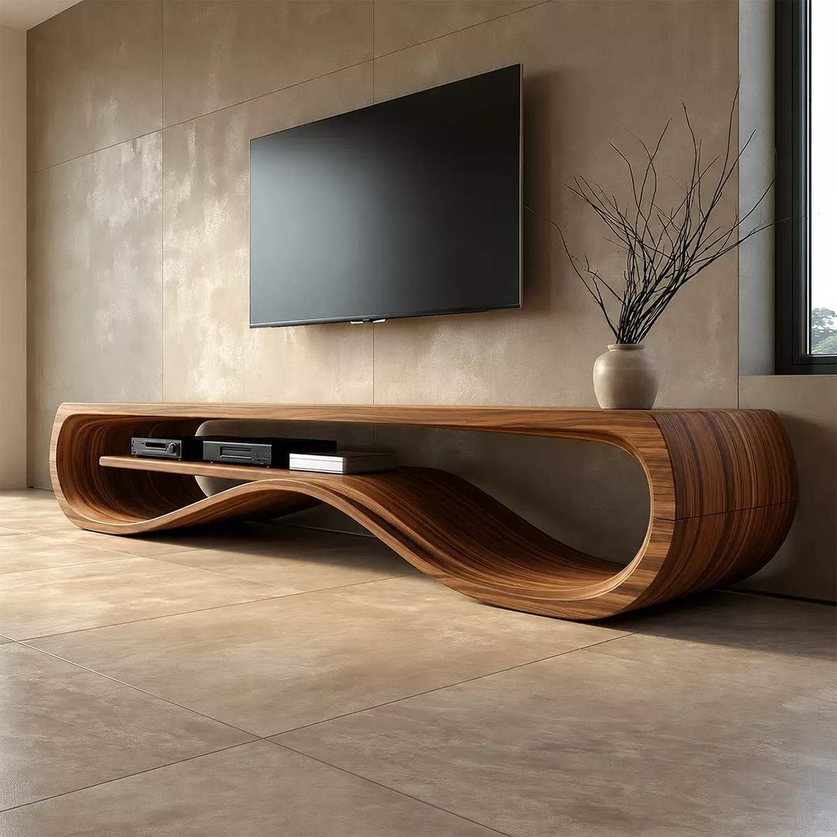 Natural Solid Wood TV Stand with Sculptural Wave Form Minimalist Design - Rustiracraft - 8