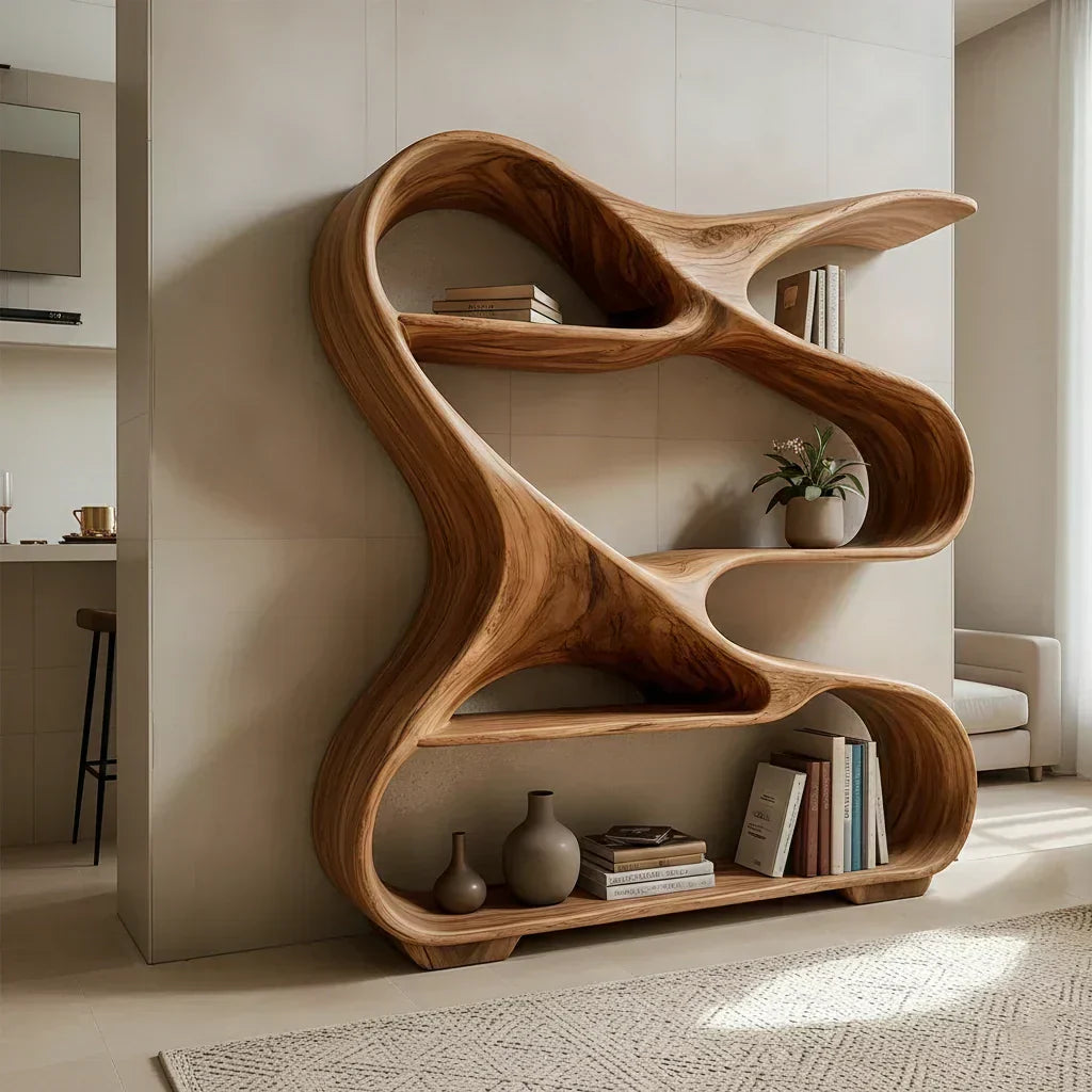 Sculpted Solid Wood Bookshelf – Rustic Flow Edition - RustiraCraft - 2