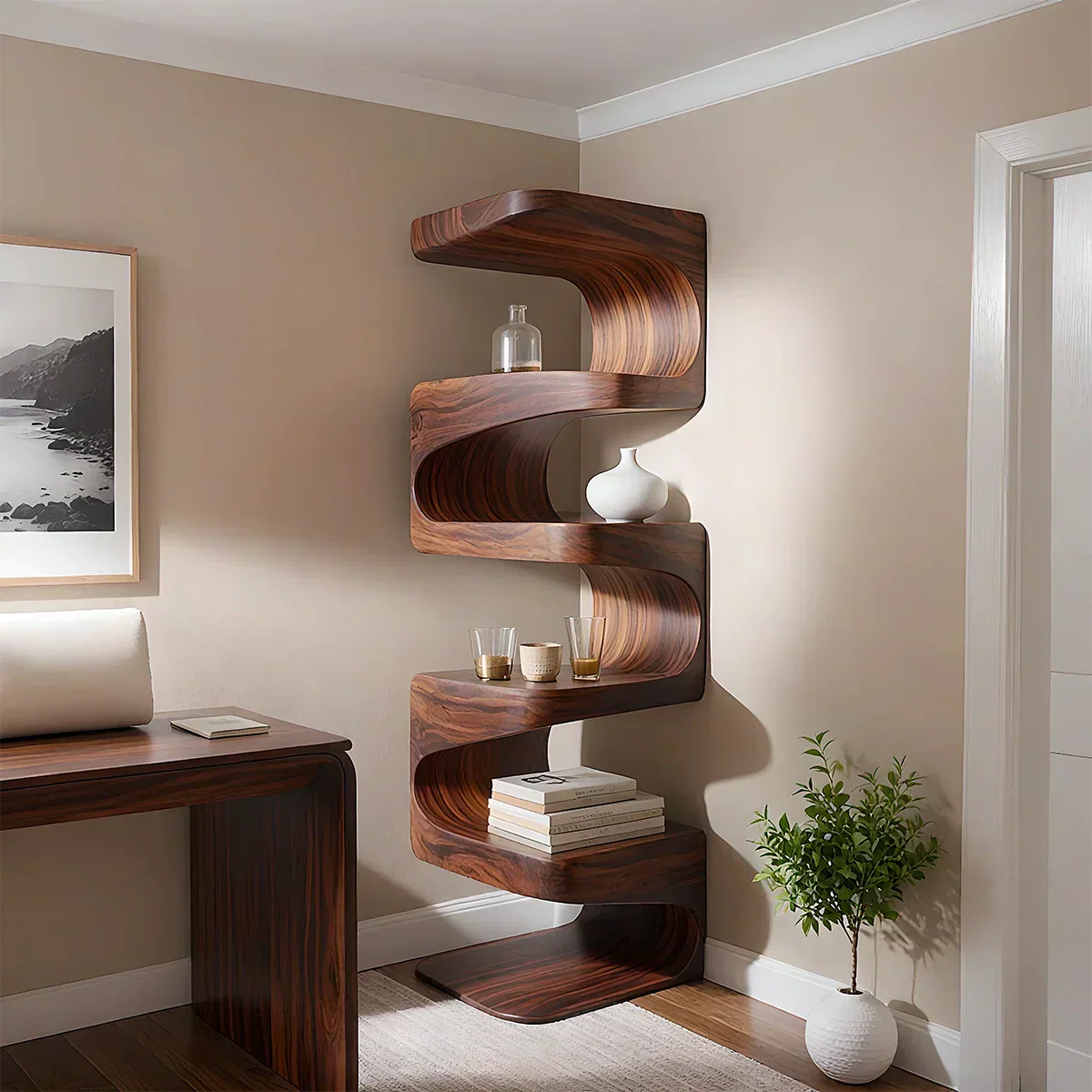 Sculpted Solid Wood Corner Bookshelf – Flow Form Edition - RustiraCraft