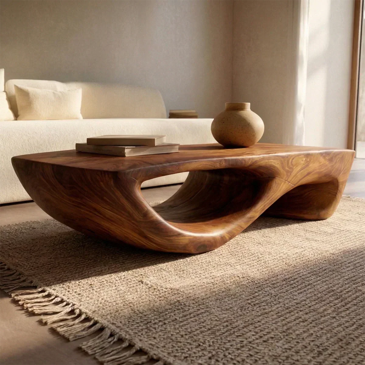 Sculptural Modern Coffee Table with Hollow Curve Base in Natural Solid Wood - RustiraCraft - 2