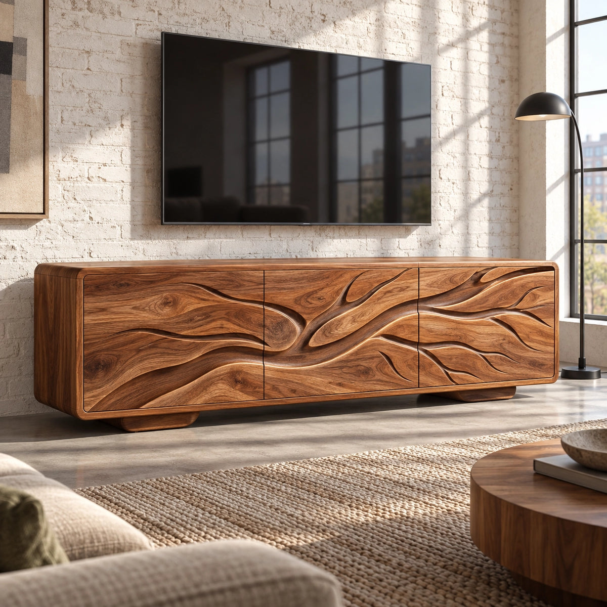 Sculptural TV Stand with Wave-Carved Doors in Natural Solid Wood. - Rustiracraft - 1