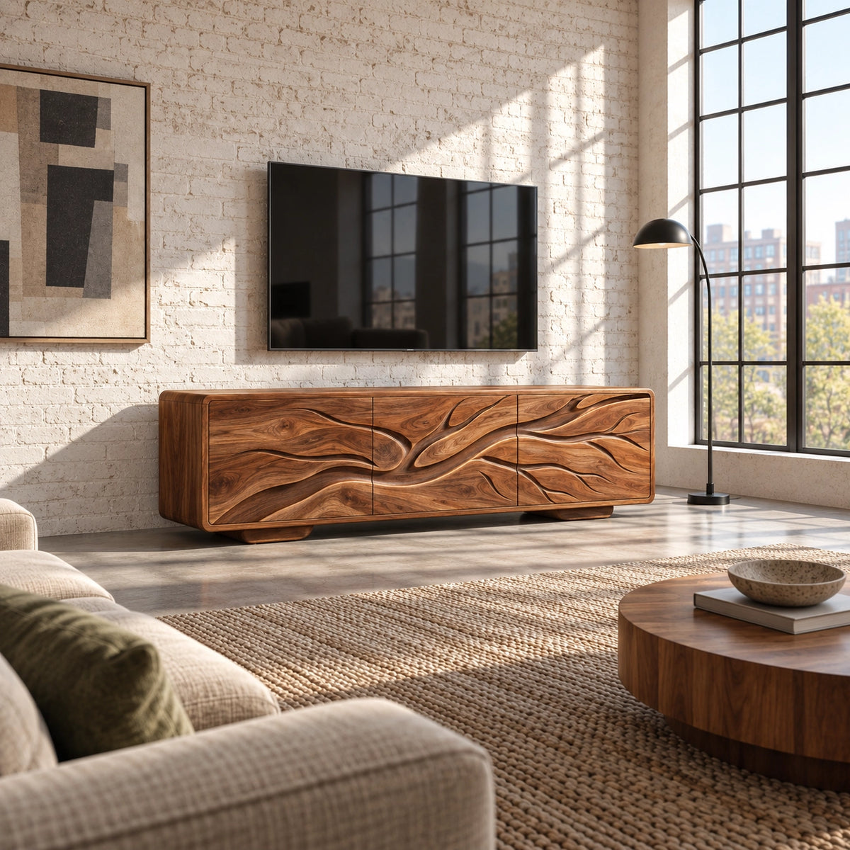 Sculptural TV Stand with Wave-Carved Doors in Natural Solid Wood. - Rustiracraft - 2