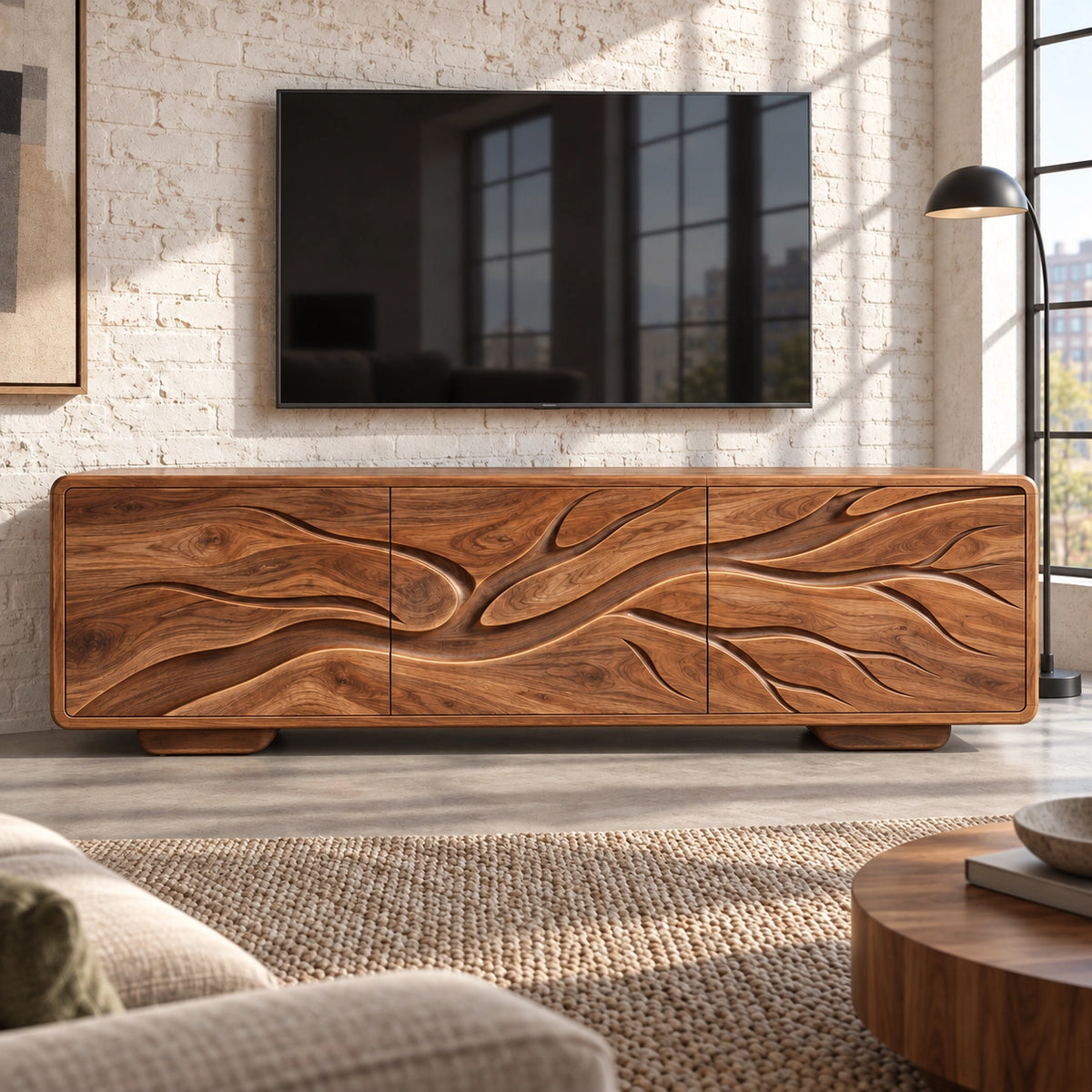 Sculptural TV Stand with Wave-Carved Doors in Natural Solid Wood. - Rustiracraft - 3