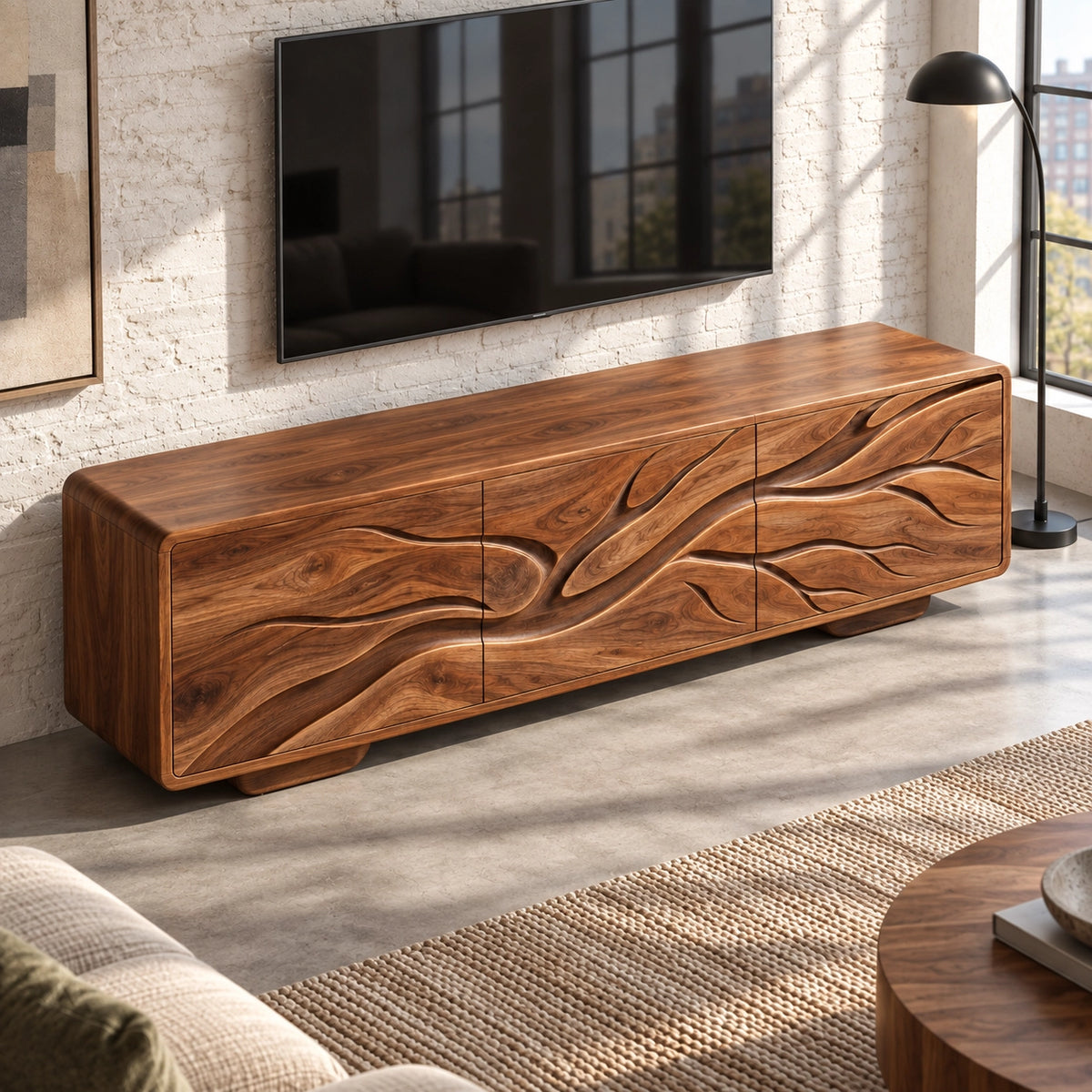 Sculptural TV Stand with Wave-Carved Doors in Natural Solid Wood. - Rustiracraft - 4