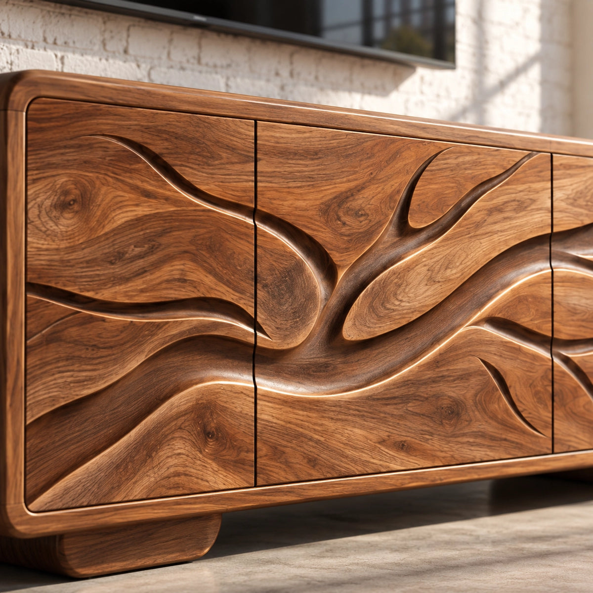 Sculptural TV Stand with Wave-Carved Doors in Natural Solid Wood. - Rustiracraft - 5