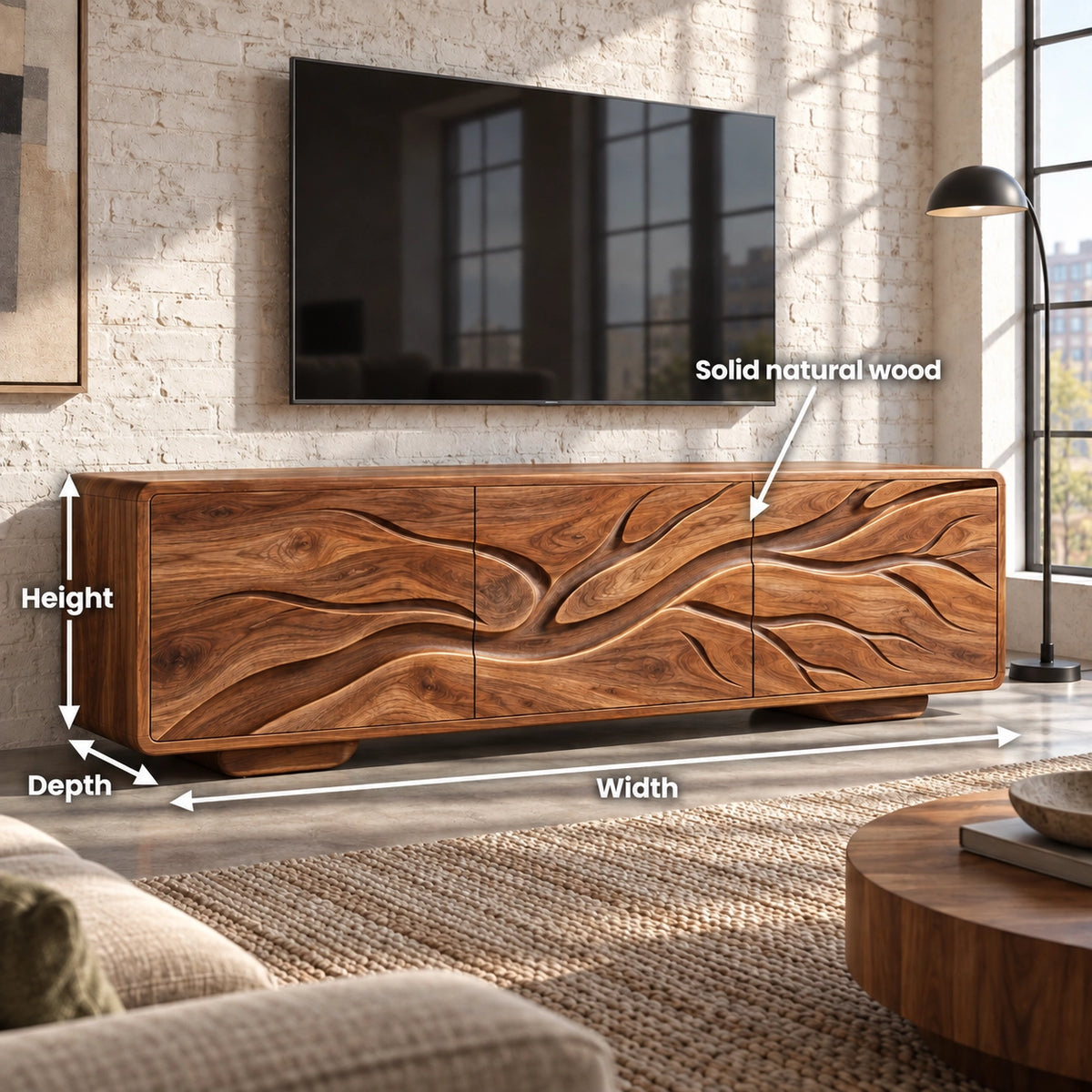 Sculptural TV Stand with Wave-Carved Doors in Natural Solid Wood. - Rustiracraft - 6