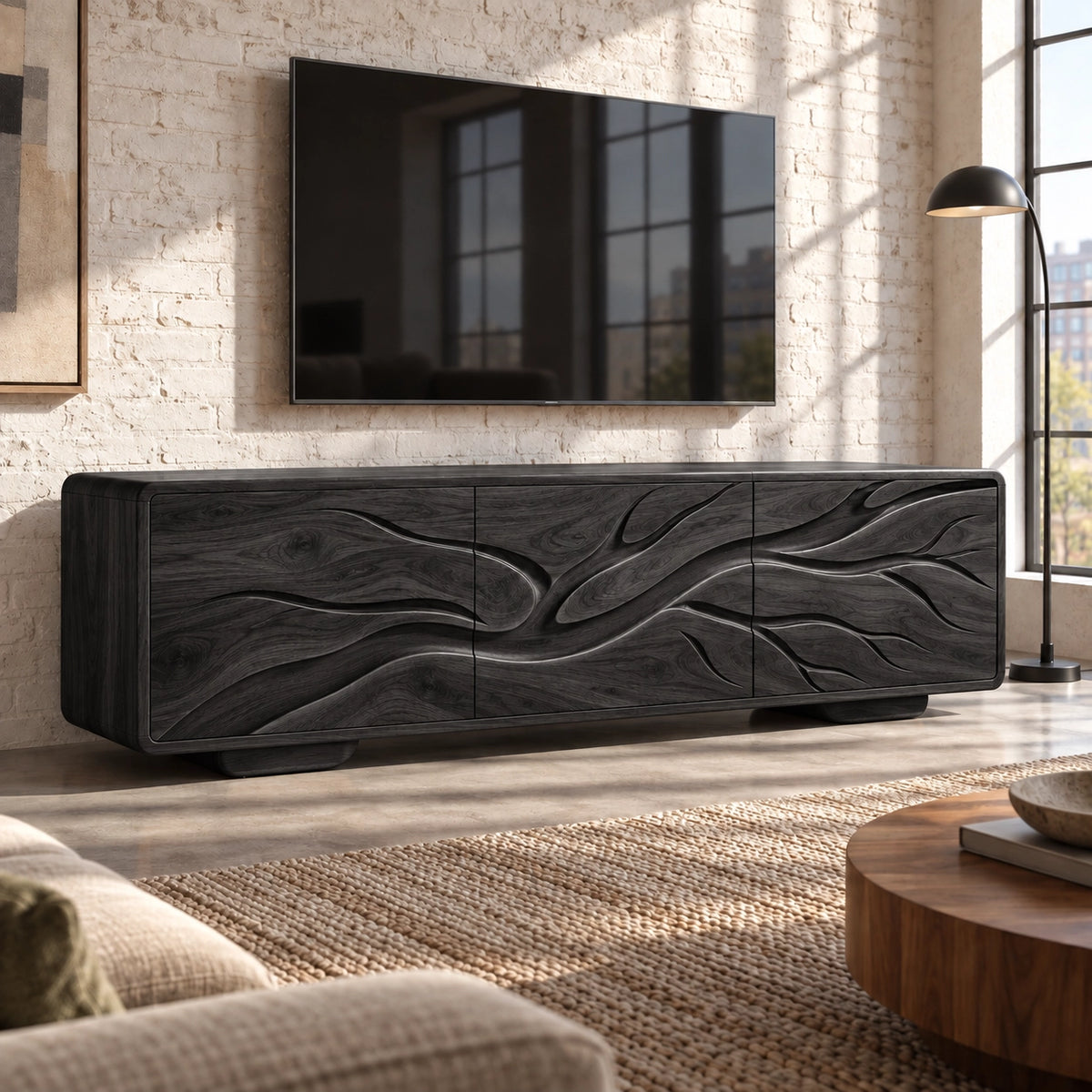 Sculptural TV Stand with Wave-Carved Doors in Natural Solid Wood. - Rustiracraft - 7
