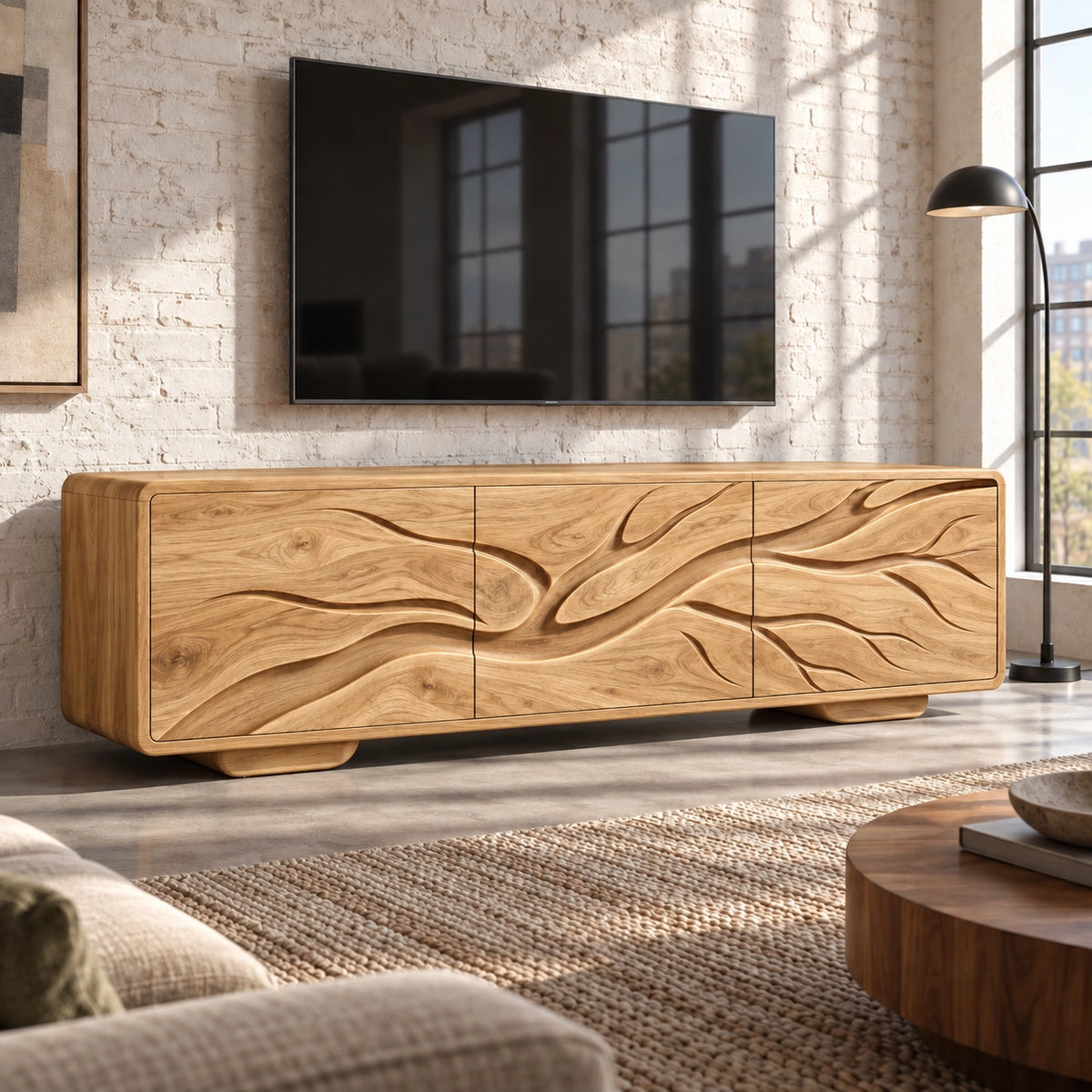 Sculptural TV Stand with Wave-Carved Doors in Natural Solid Wood. - Rustiracraft - 8