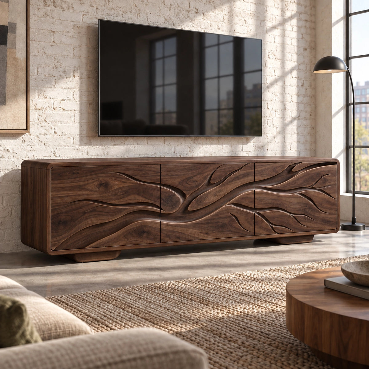 Sculptural TV Stand with Wave-Carved Doors in Natural Solid Wood. - Rustiracraft - 9