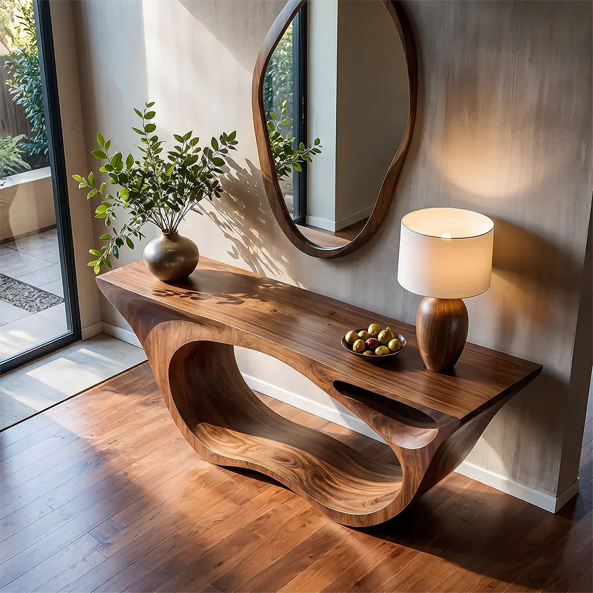Sculptural Walnut Finish Console Table – Double Loop Wood Design - RustiraCraft - 2