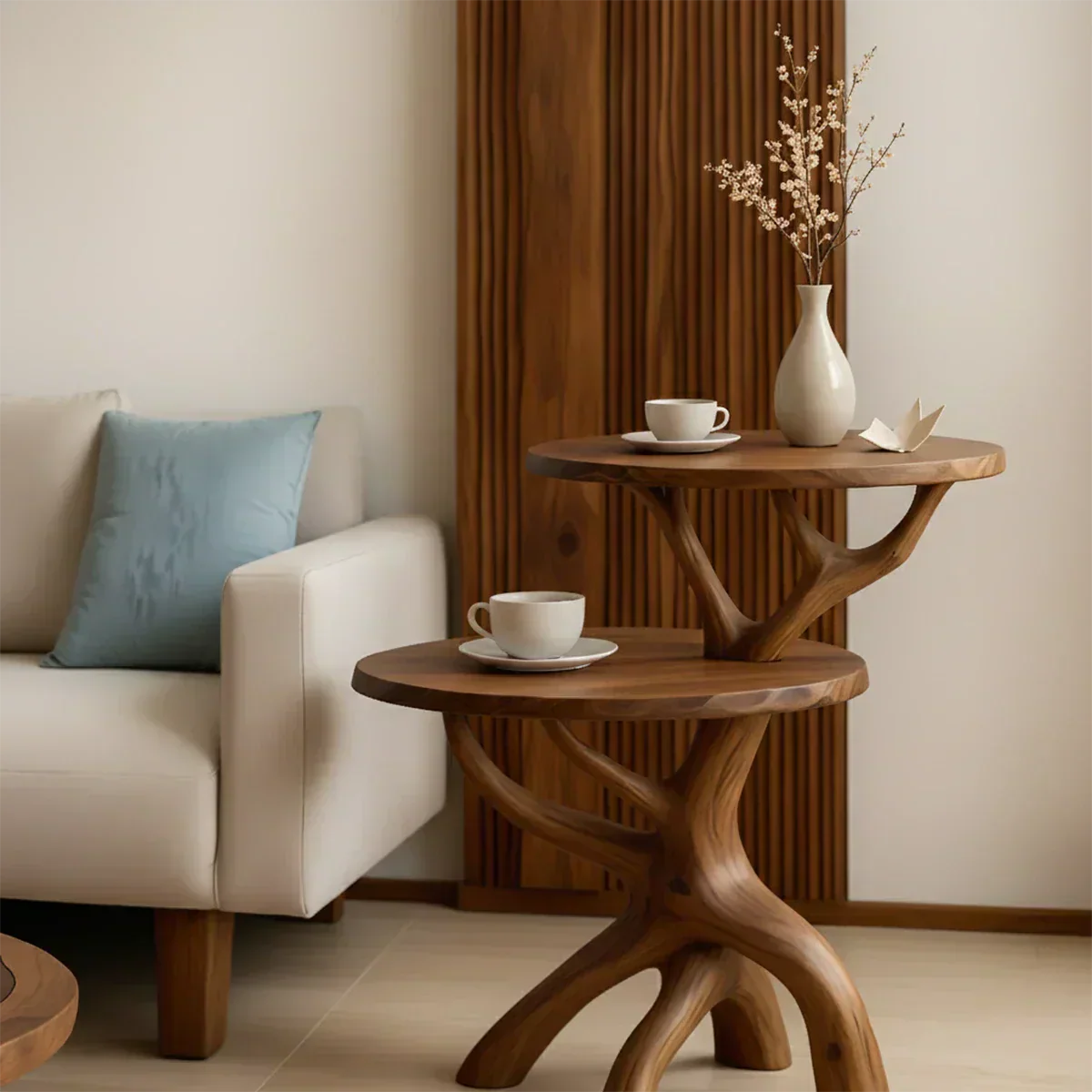 Solid Wood Accent Table Set – Modern Sculptural Branchform Design - RustiraCraft - 2