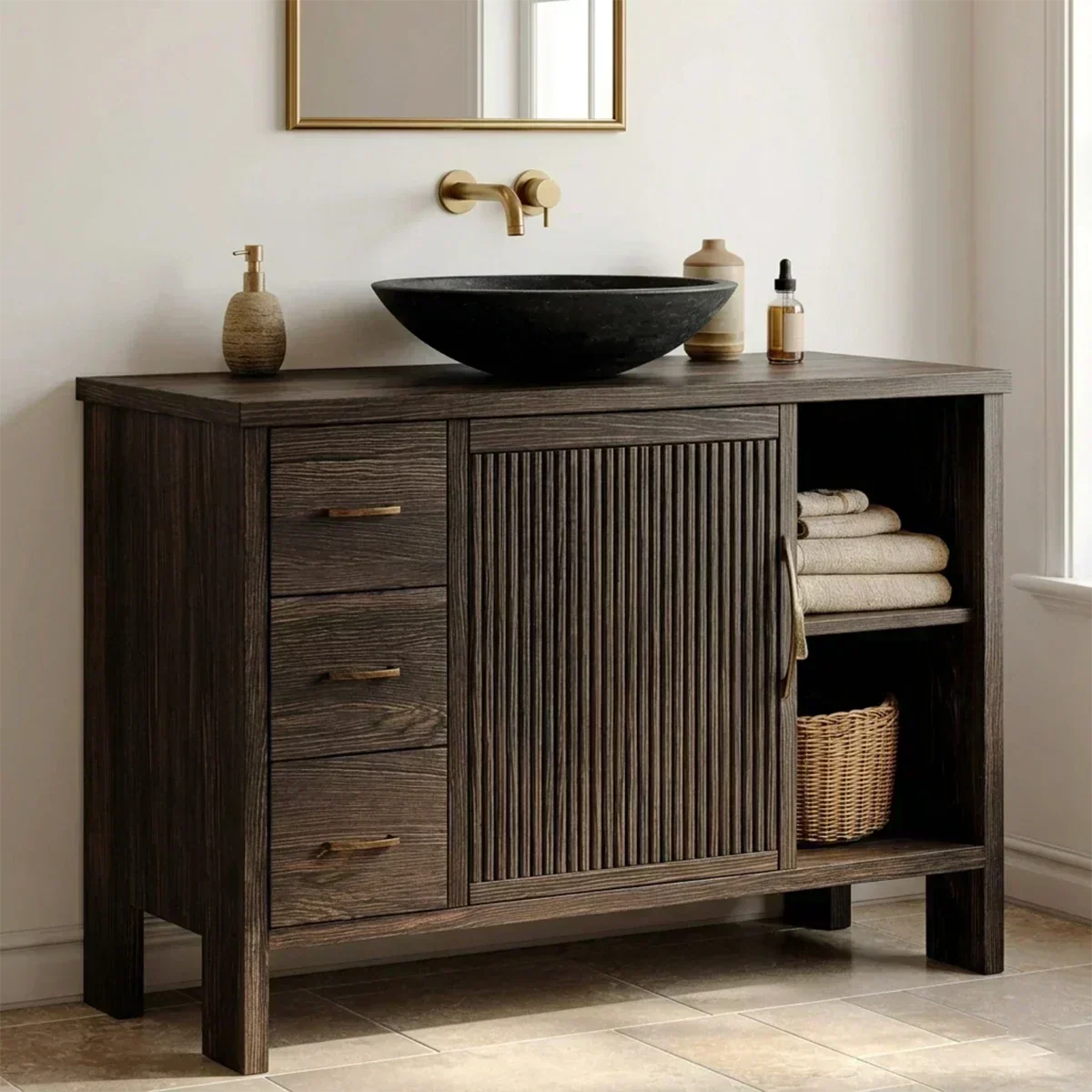Traditional Bathroom Vanity Cabinet with Drawer Storage in Natural Solid Wood - RustiraCraft - 2