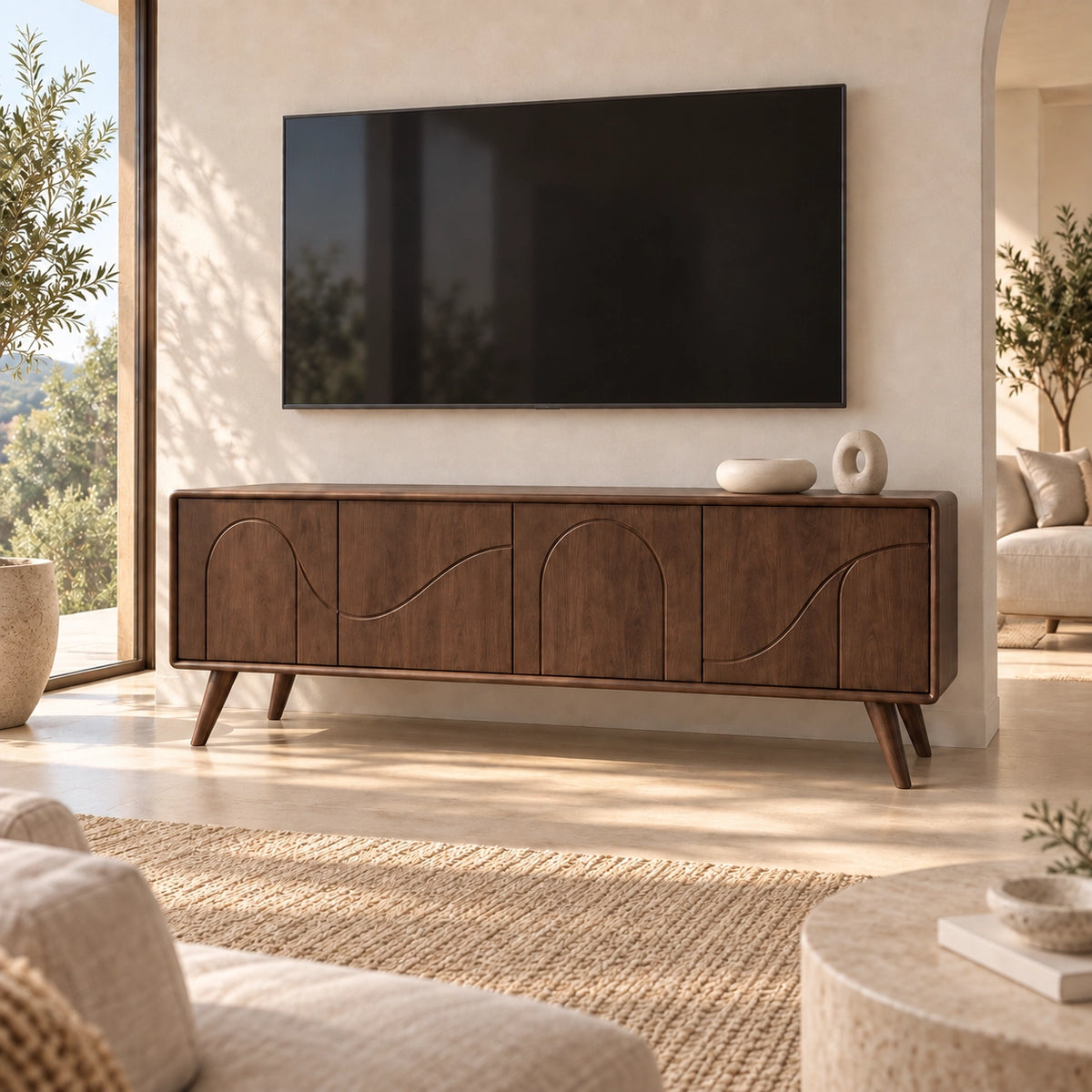 TV Stand with Arched Cabinet Doors in Natural Solid Wood for Six Sizes - Rustiracraft - 10