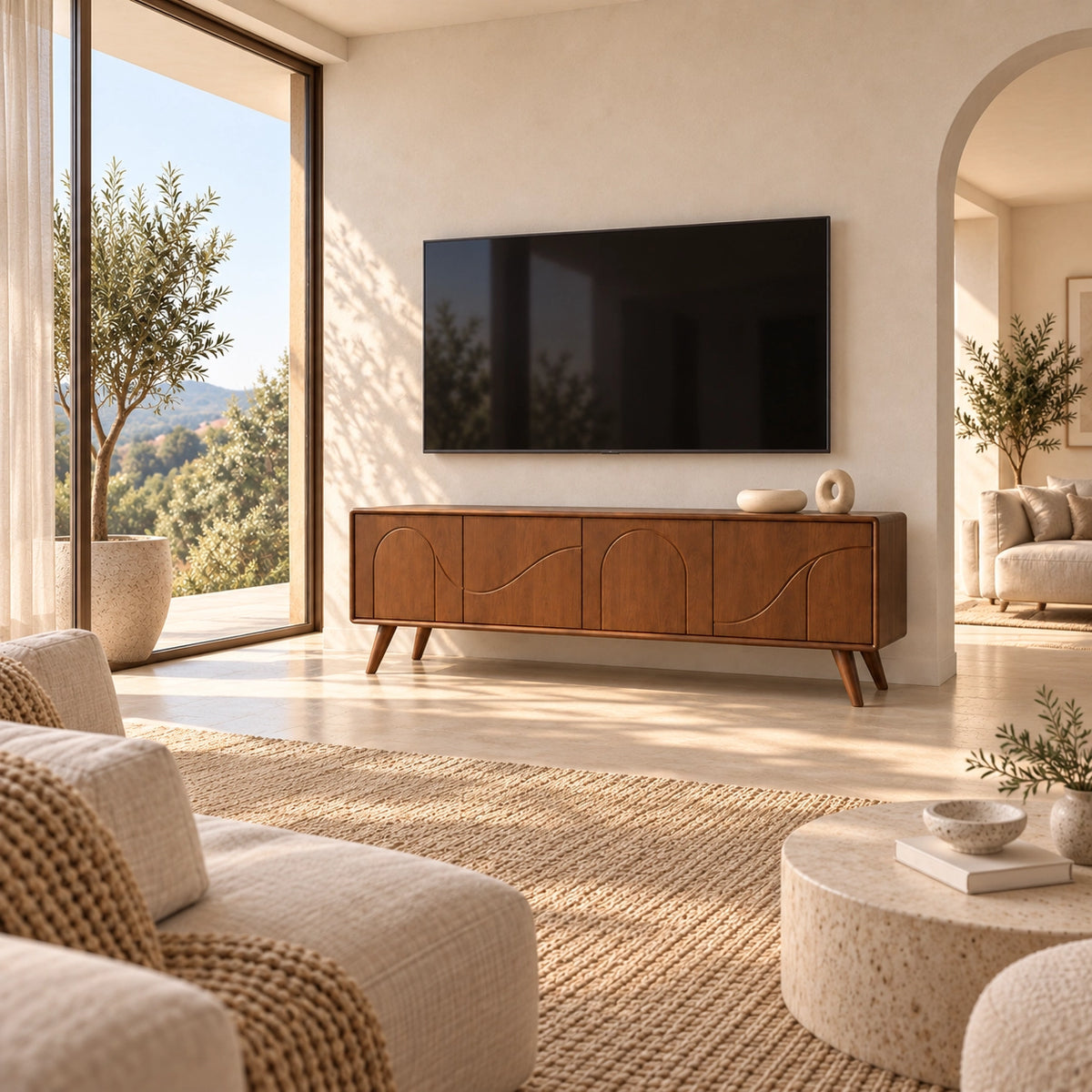 TV Stand with Arched Cabinet Doors in Natural Solid Wood for Six Sizes - Rustiracraft - 2