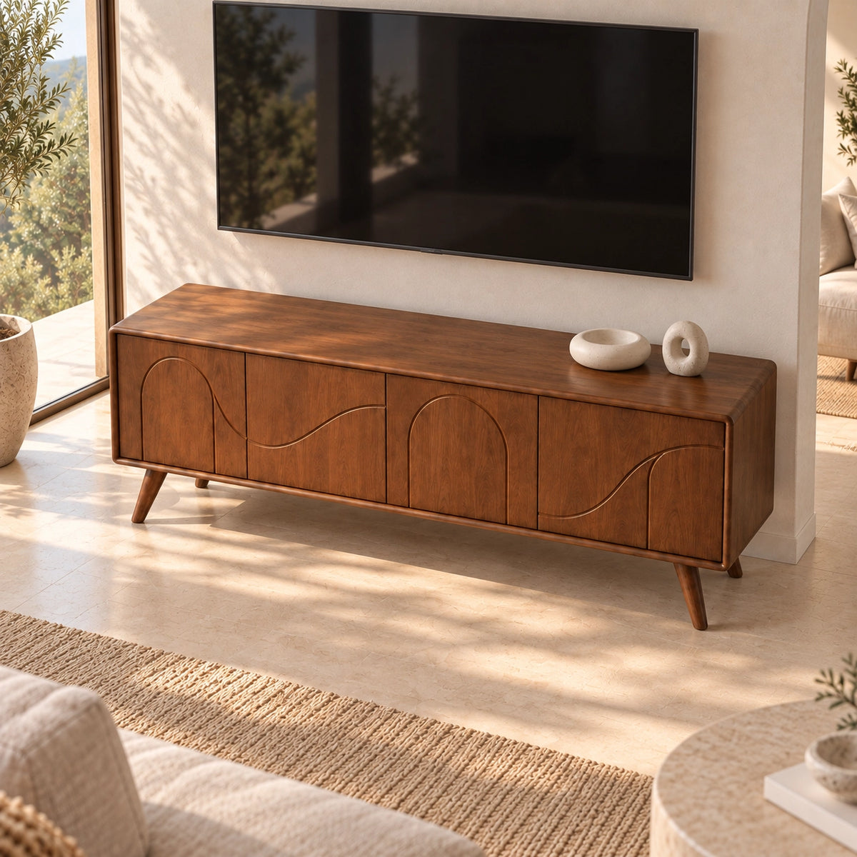 TV Stand with Arched Cabinet Doors in Natural Solid Wood for Six Sizes - Rustiracraft - 5