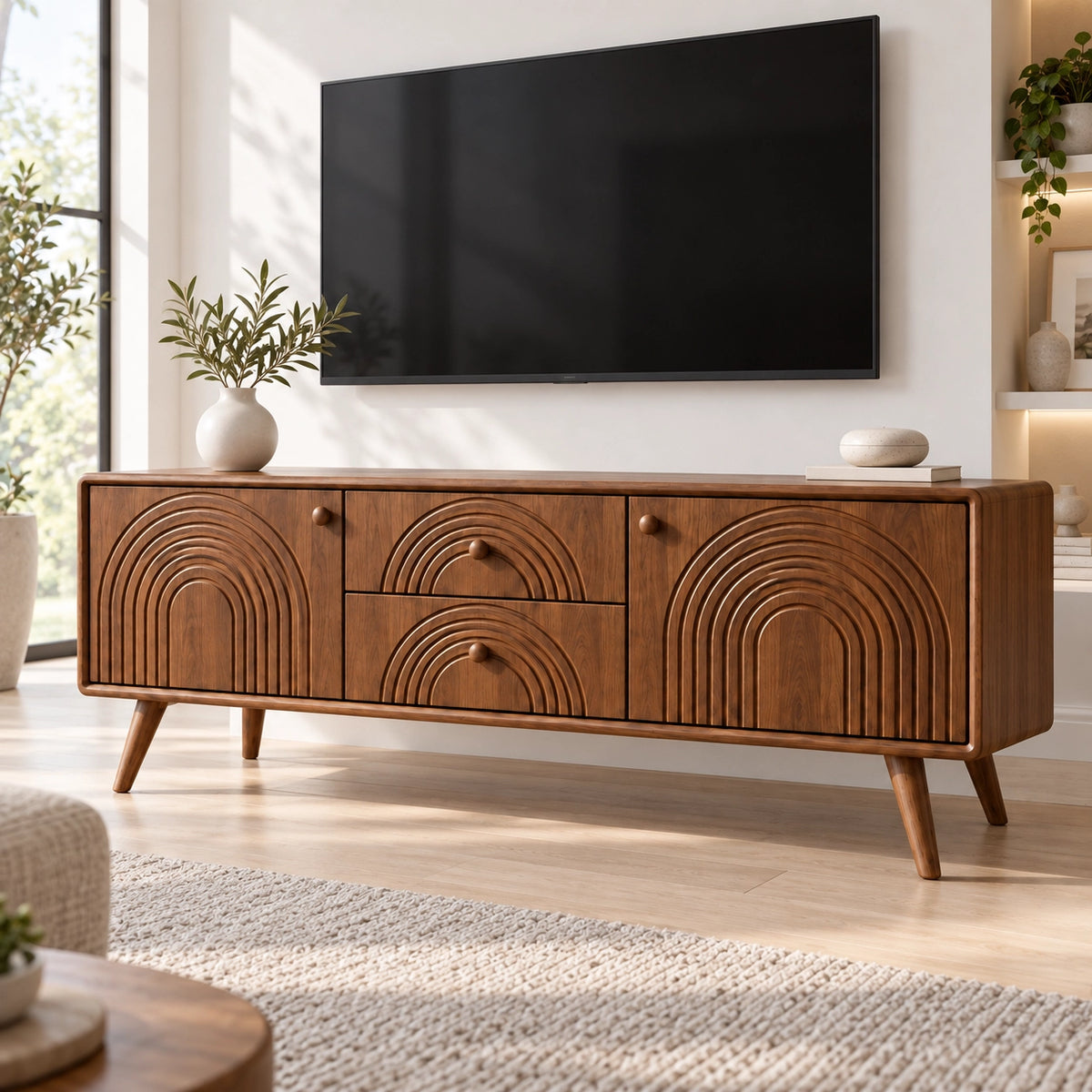 TV Stand with Arched Carved Doors in Natural Solid Wood for Living - Rustiracraft - 1