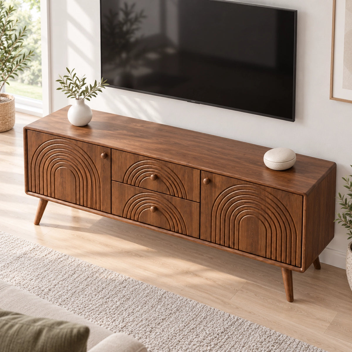 TV Stand with Arched Carved Doors in Natural Solid Wood for Living - Rustiracraft - 4